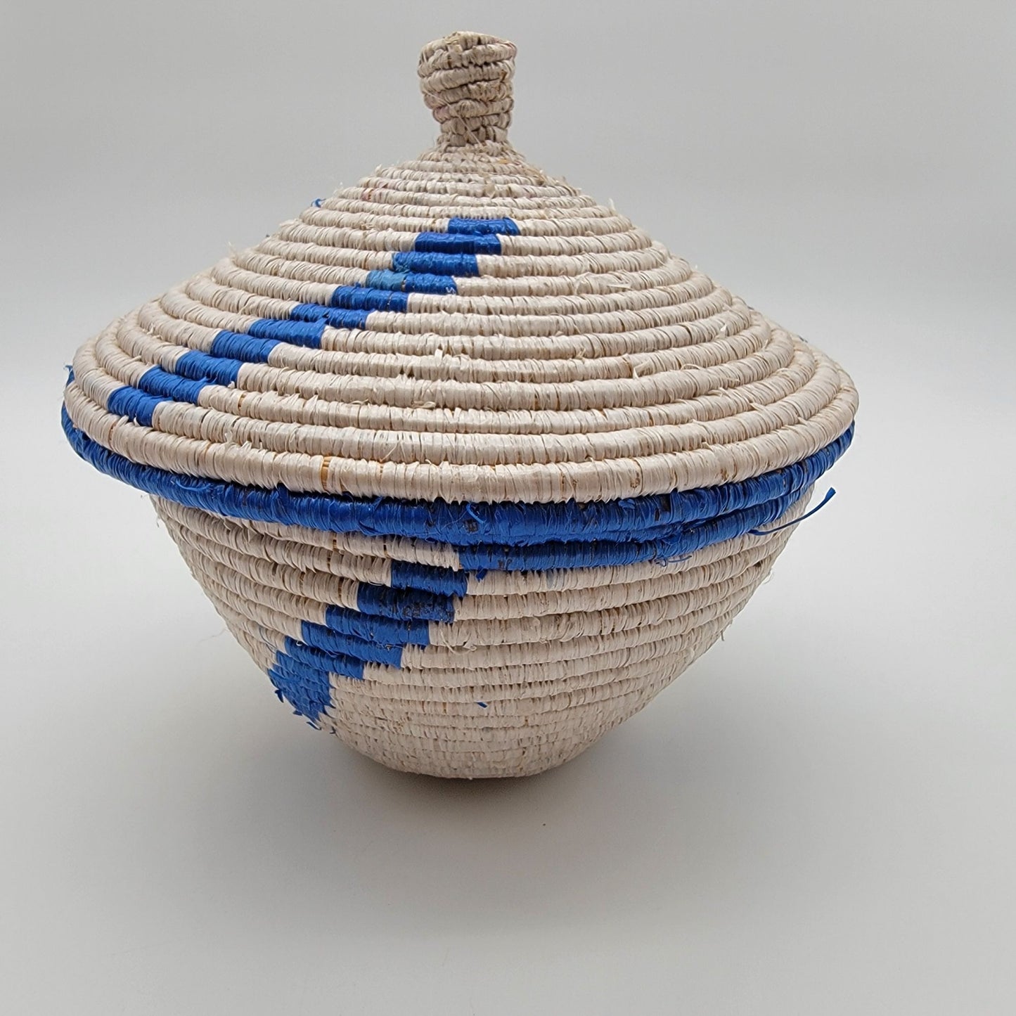 African Grass Blue Swirl Coiled Woven Basket With Lid