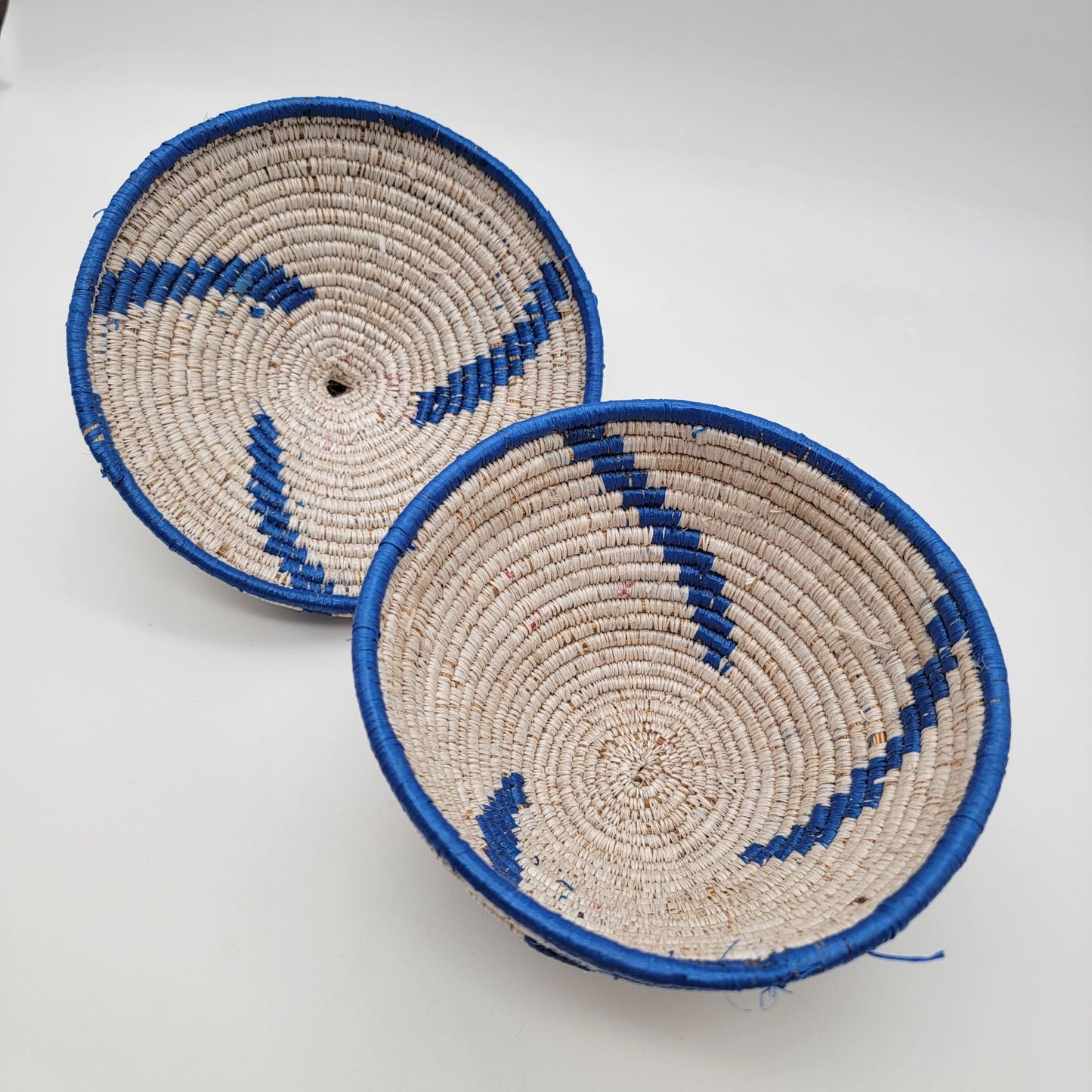 African Grass Blue Swirl Coiled Woven Basket With Lid