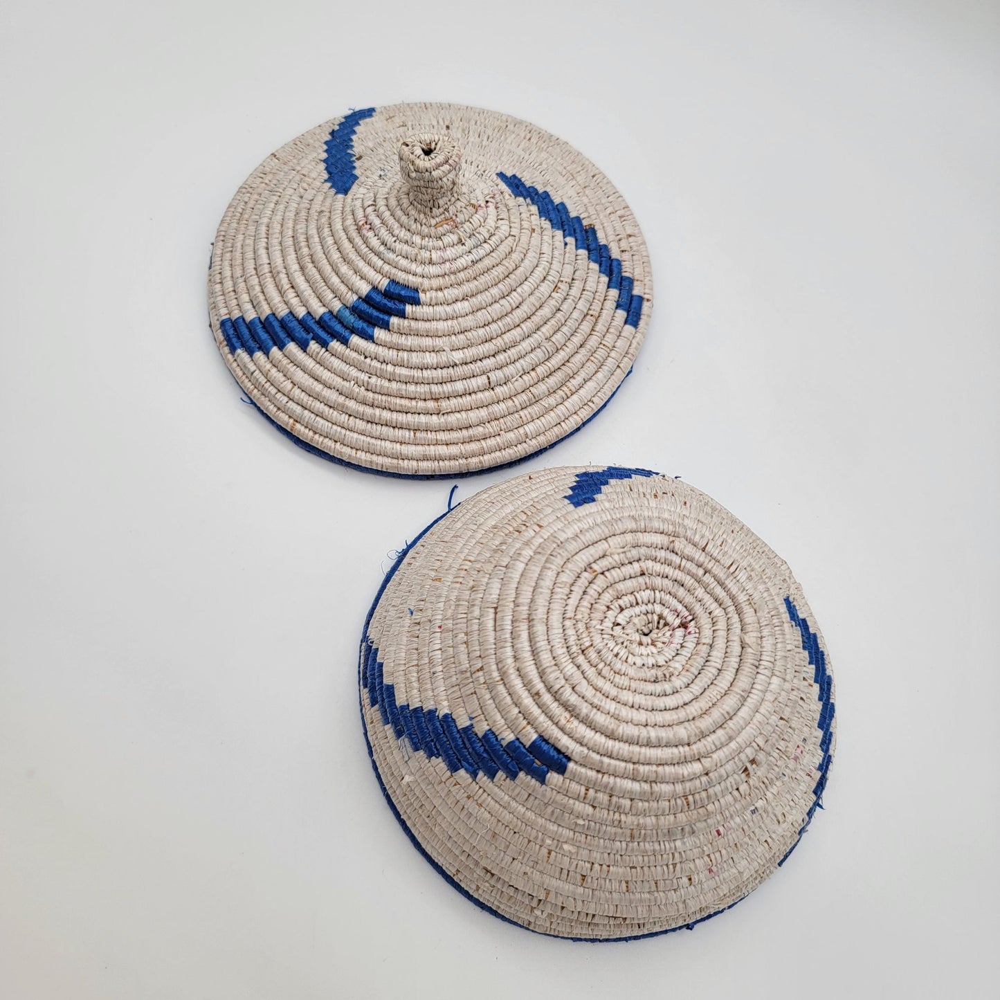 African Grass Blue Swirl Coiled Woven Basket With Lid