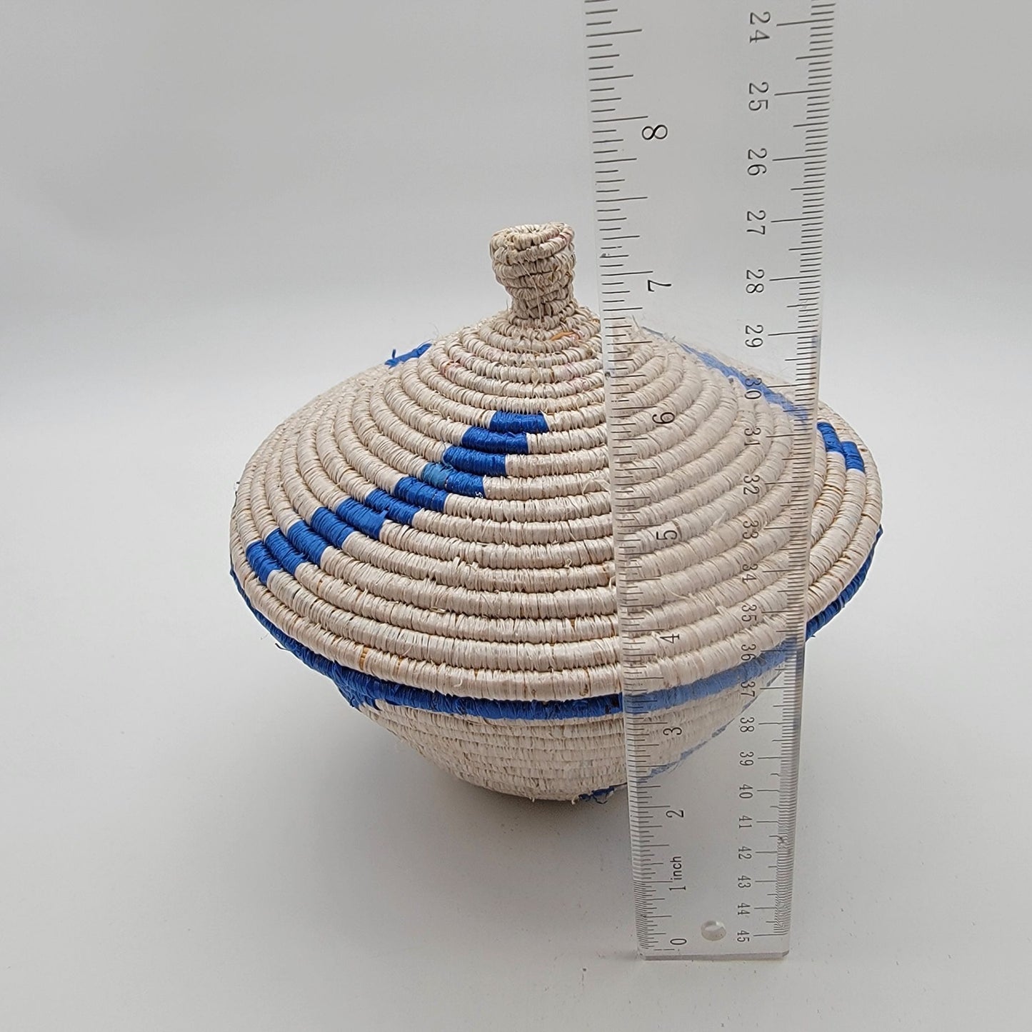 African Grass Blue Swirl Coiled Woven Basket With Lid