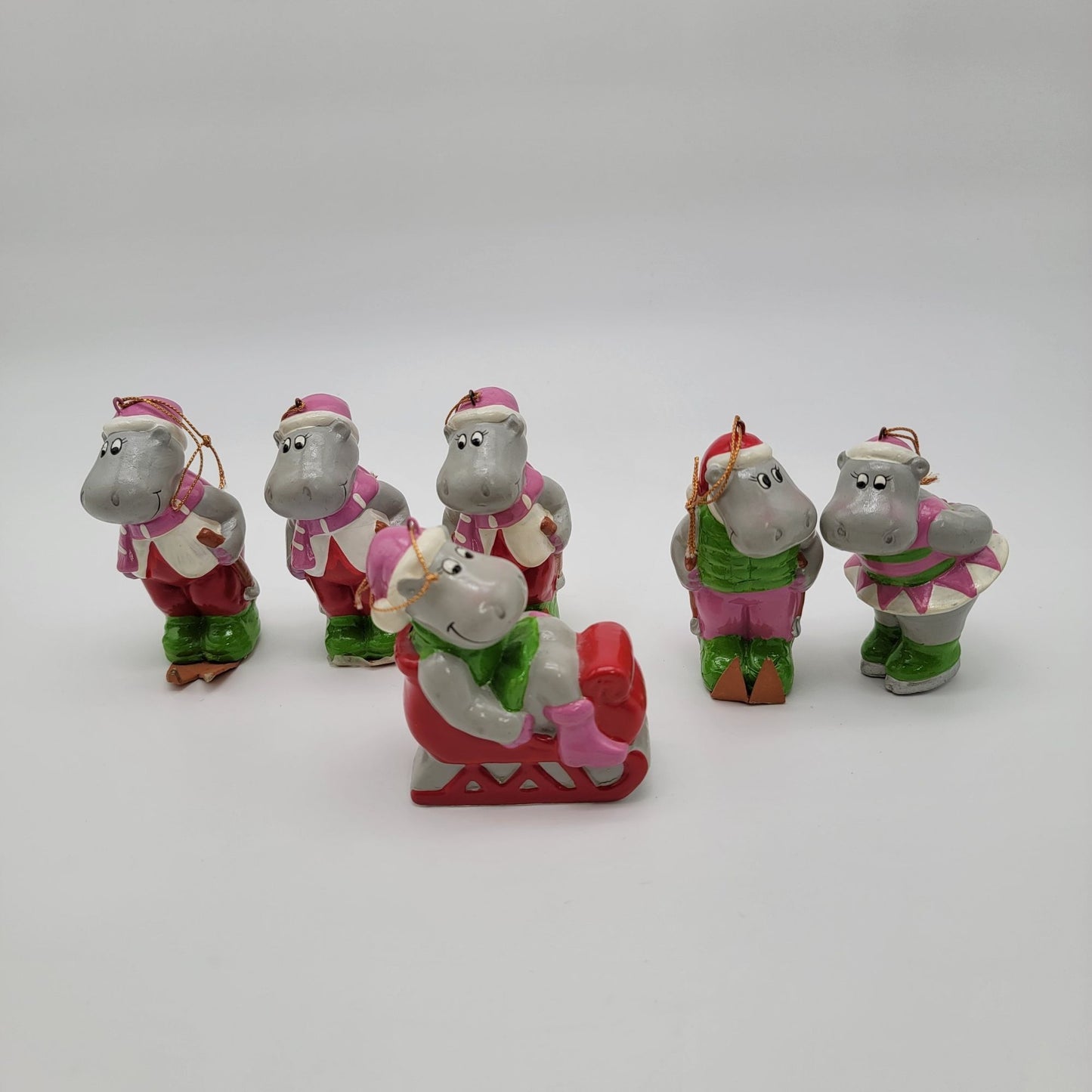 Vintage 1981 Towle Happy Hippo Christmas Ornaments Set Of 6
