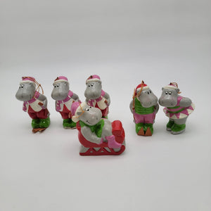Vintage 1981 Towle Happy Hippo Christmas Ornaments Set Of 6