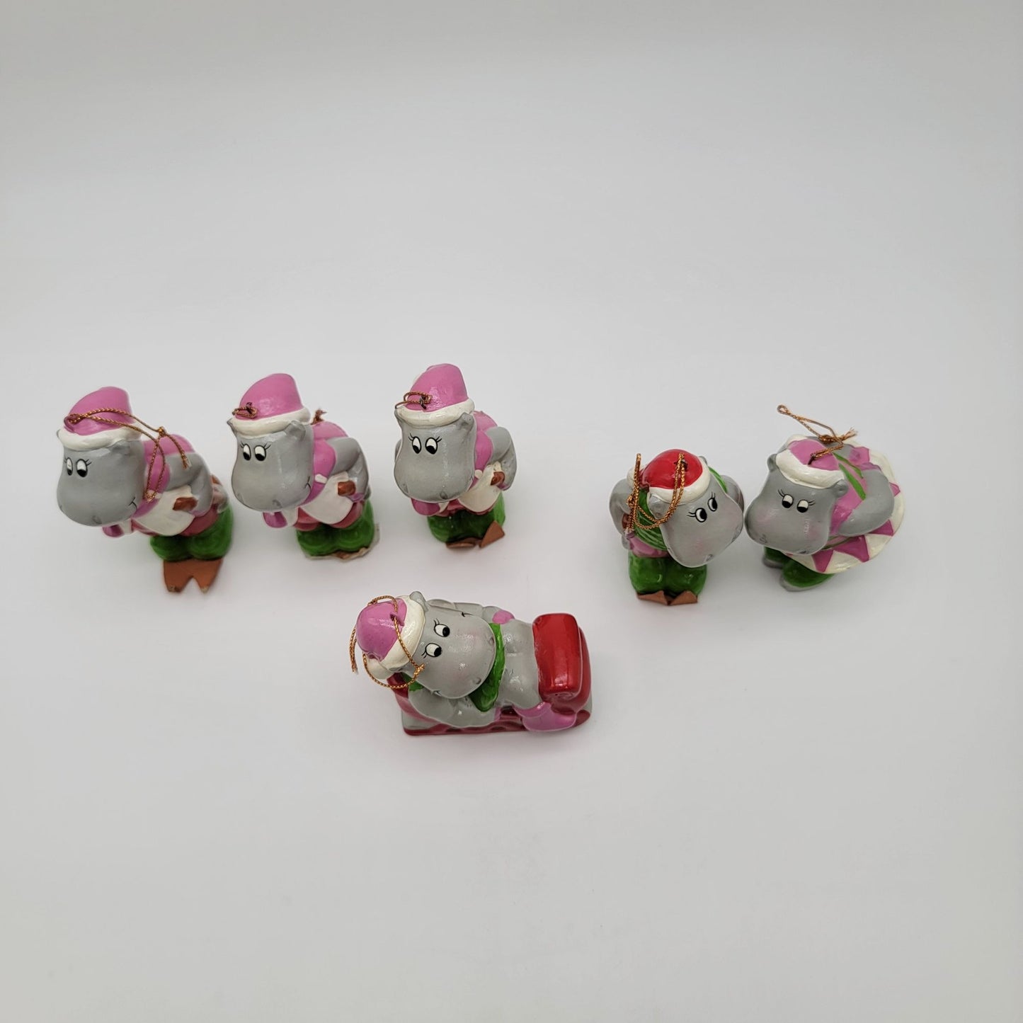 Vintage 1981 Towle Happy Hippo Christmas Ornaments Set Of 6