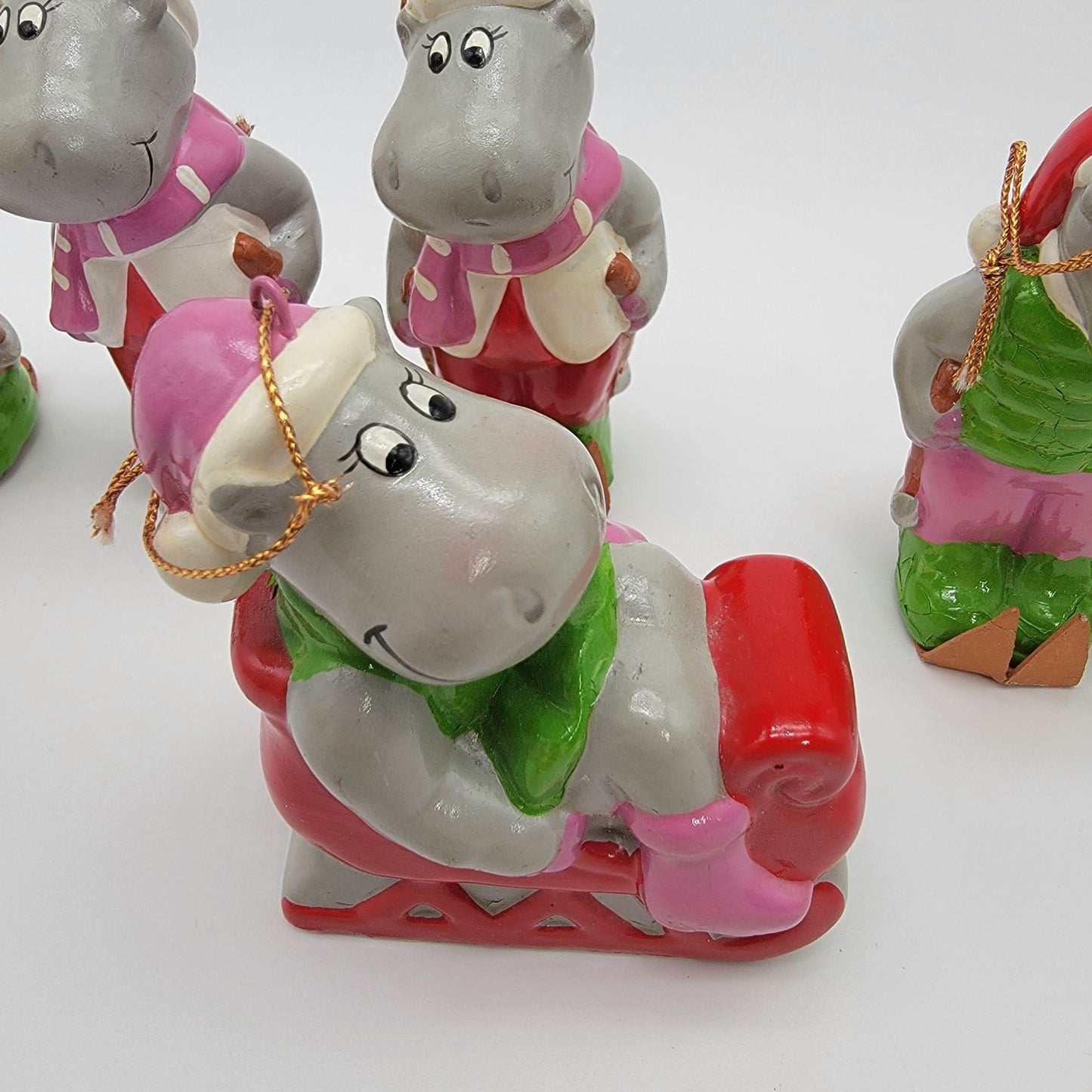 Vintage 1981 Towle Happy Hippo Christmas Ornaments Set Of 6