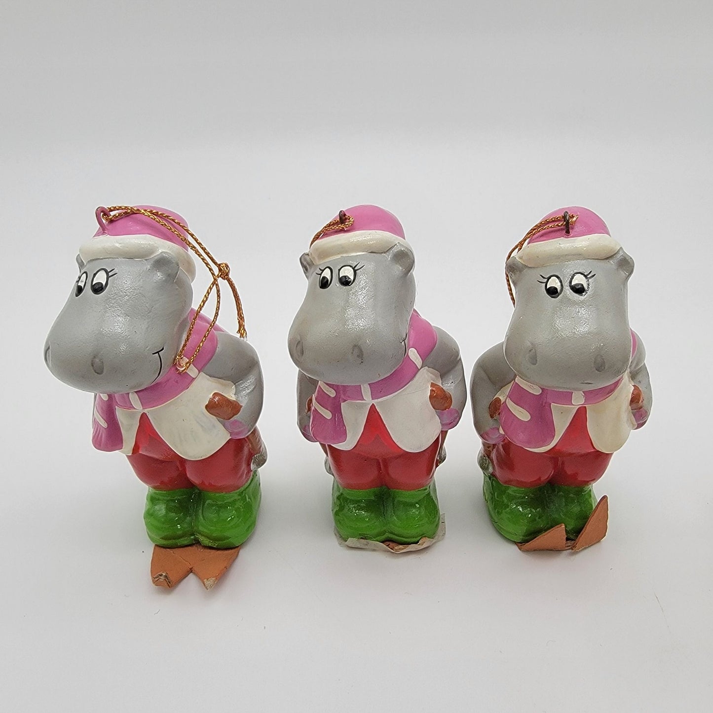 Vintage 1981 Towle Happy Hippo Christmas Ornaments Set Of 6