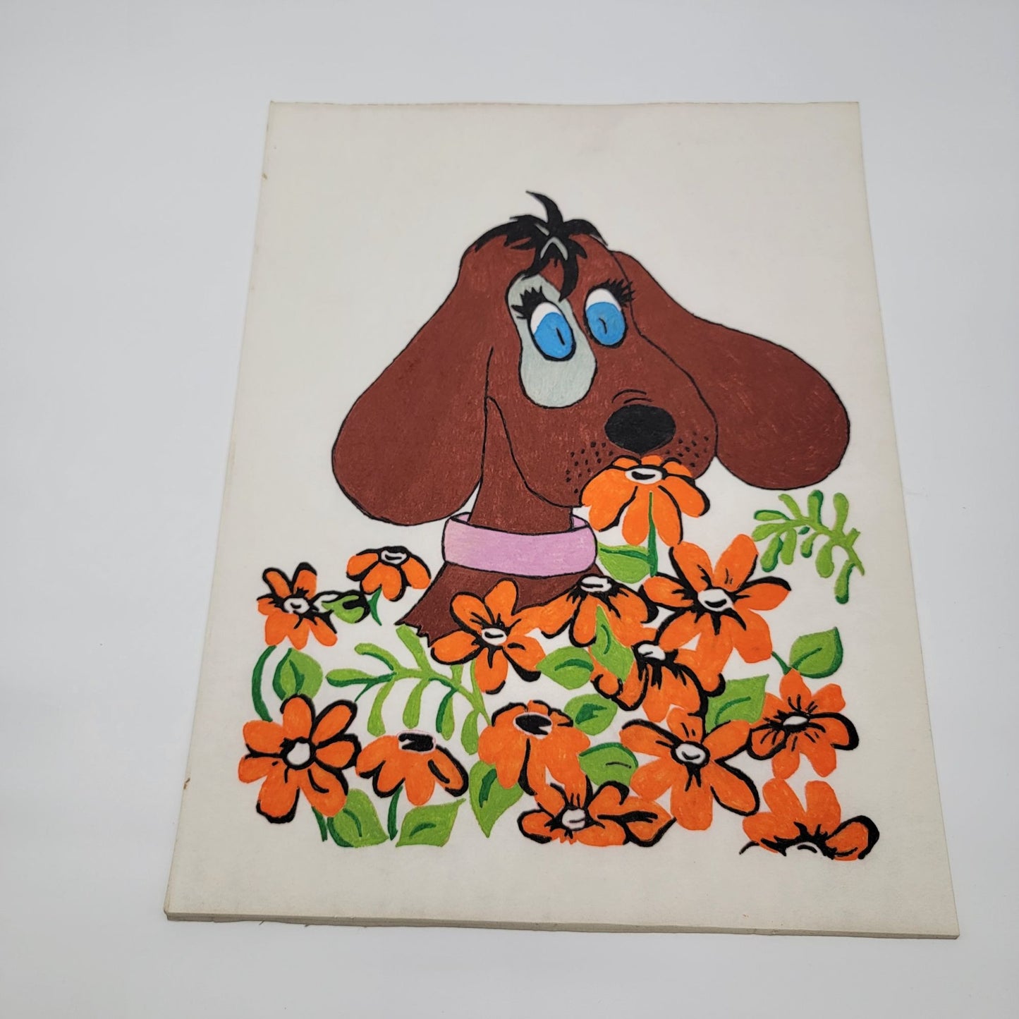 Vintage Hand-Painted Cloth Felt Art Puppy Dog & Orange Flowers
