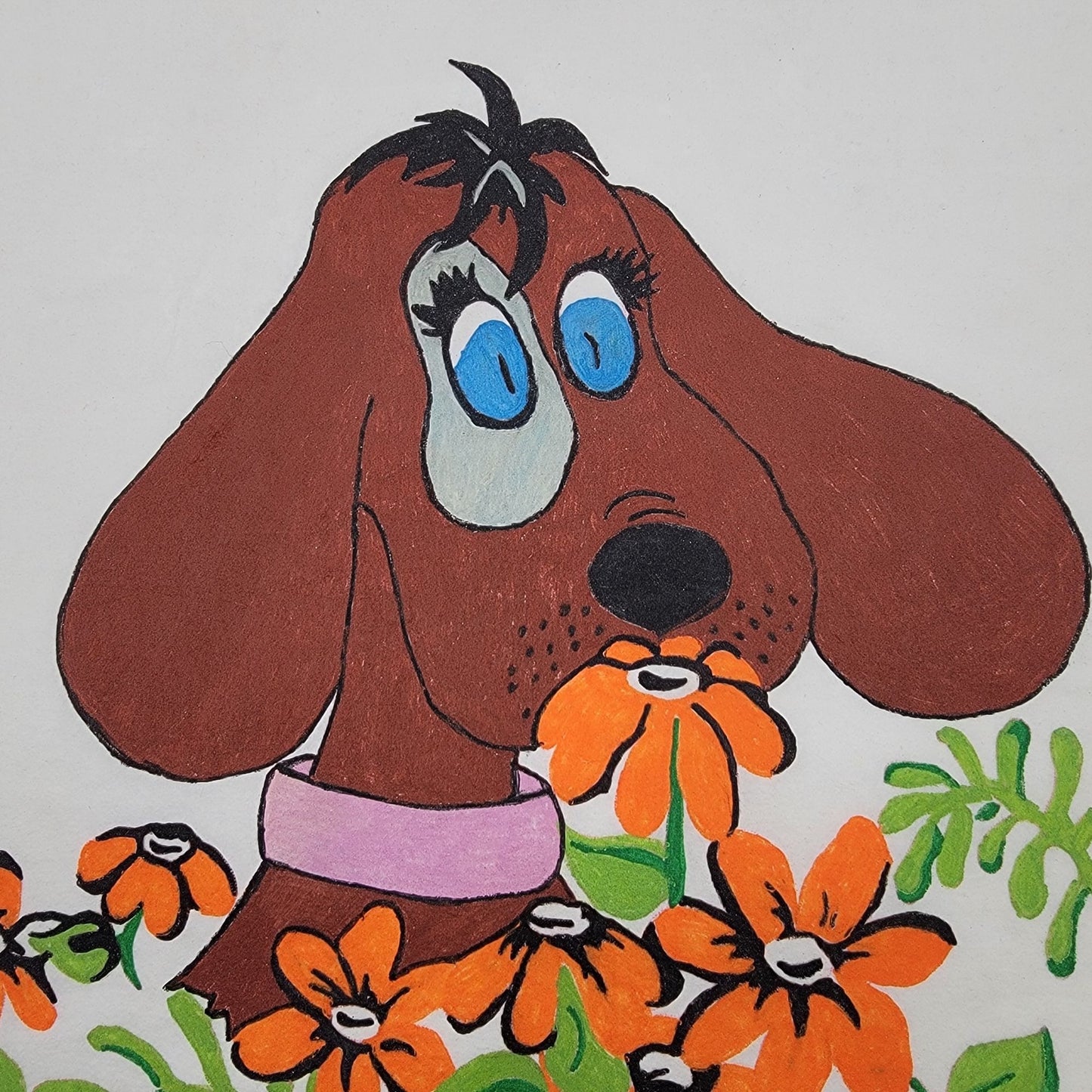 Vintage Hand-Painted Cloth Felt Art Puppy Dog & Orange Flowers