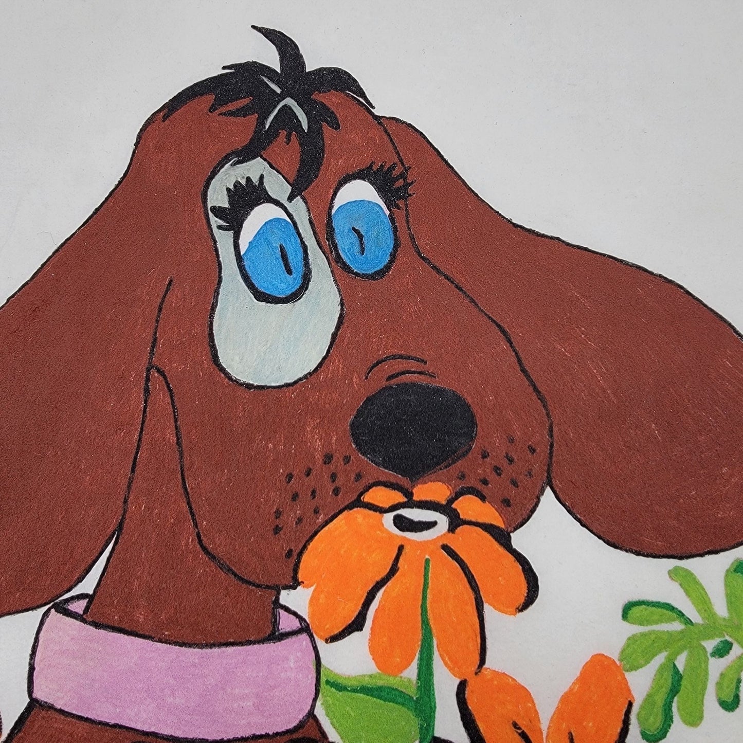 Vintage Hand-Painted Cloth Felt Art Puppy Dog & Orange Flowers