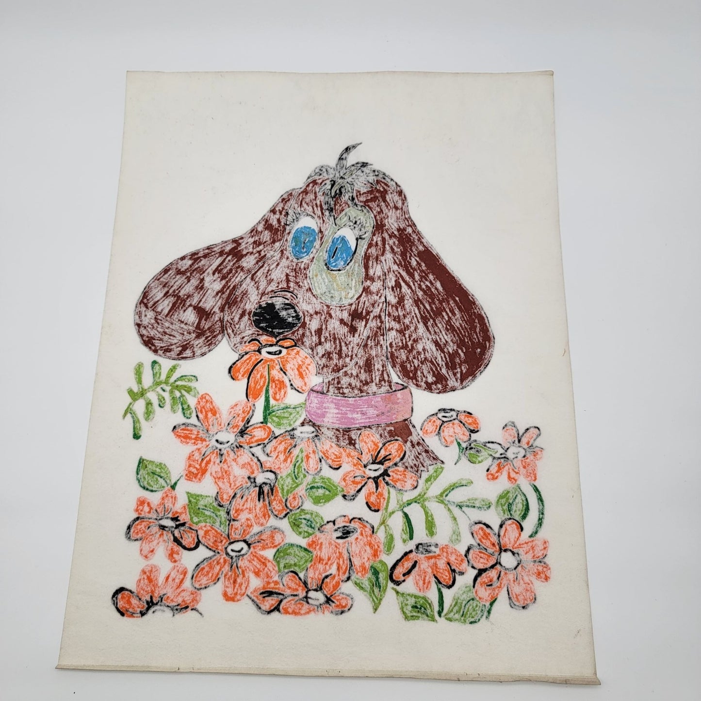 Vintage Hand-Painted Cloth Felt Art Puppy Dog & Orange Flowers