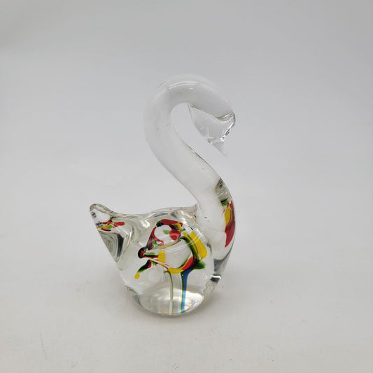 Vintage Handblown Art Glass Swan Paperweight With Millefiore Swirls
