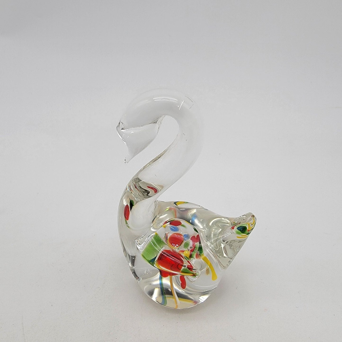 Vintage Handblown Art Glass Swan Paperweight With Millefiore Swirls