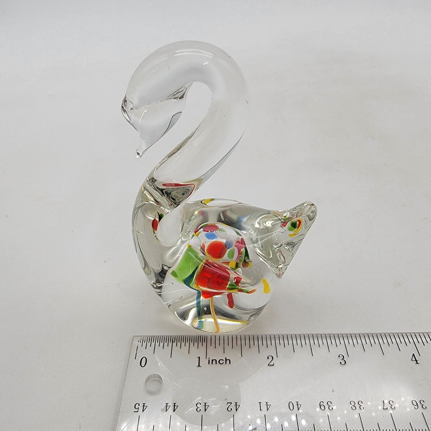Vintage Handblown Art Glass Swan Paperweight With Millefiore Swirls
