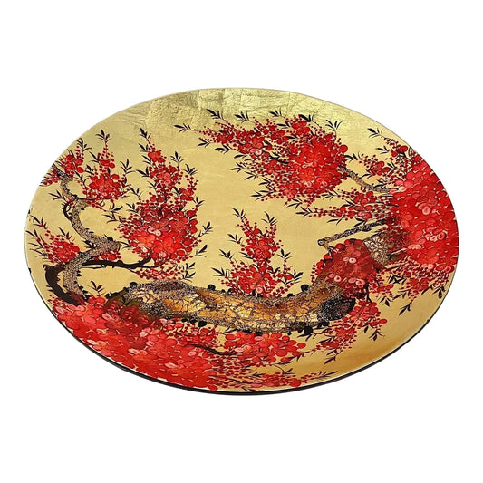 Japanese Lacquerware Large Hanging Bowl With Gold and Red Cherry Blossom Tree