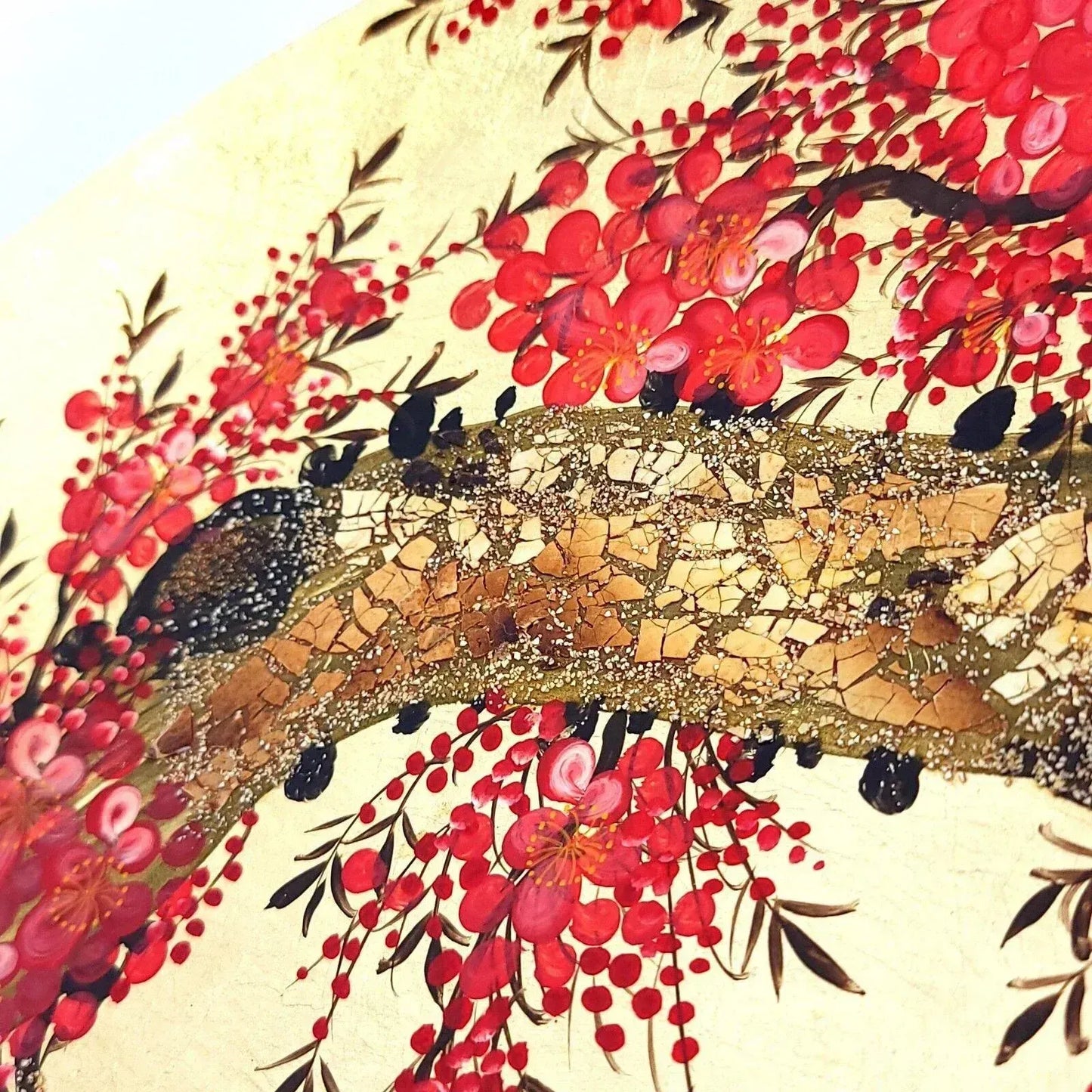 Japanese Lacquerware Large Hanging Bowl With Gold and Red Cherry Blossom Tree