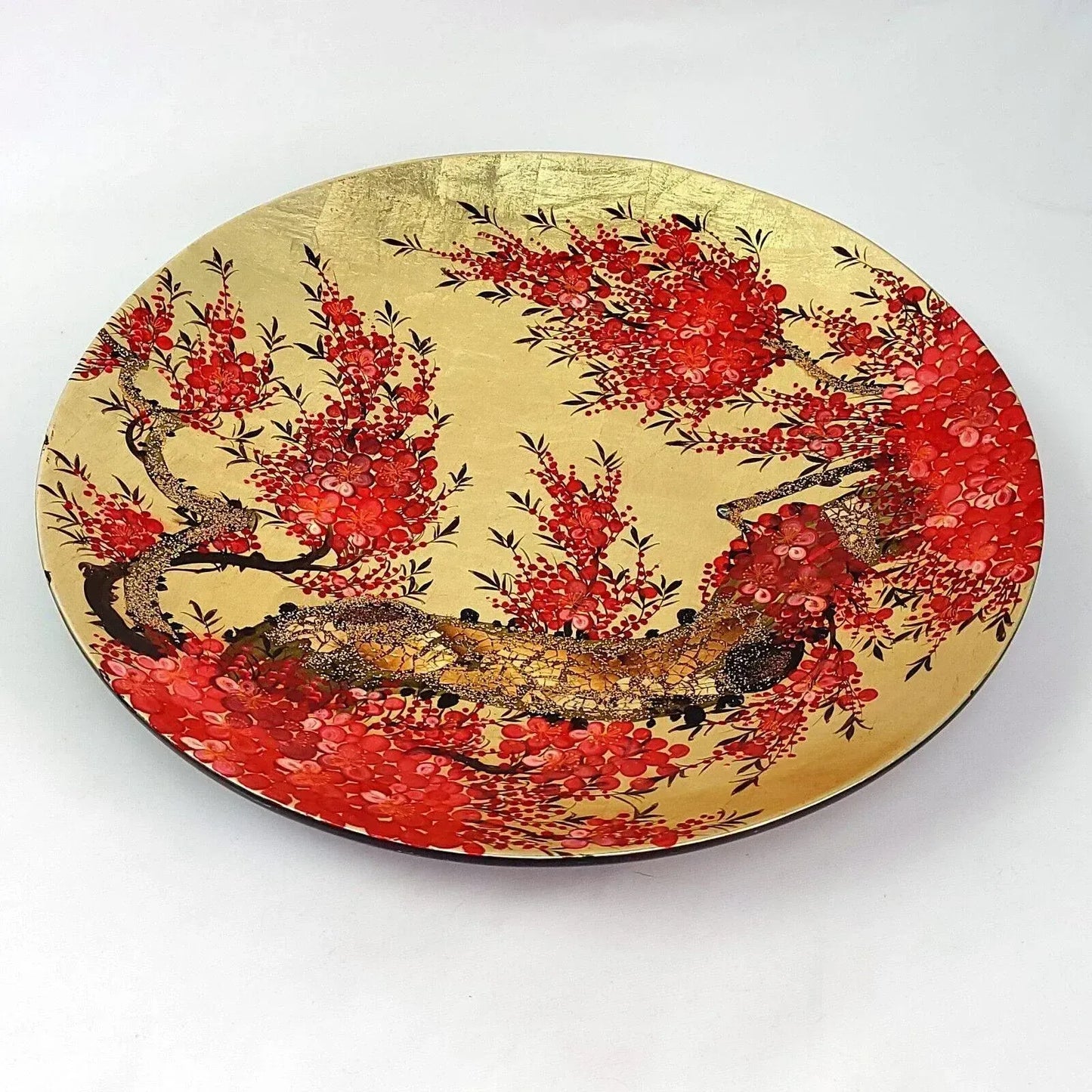 Japanese Lacquerware Large Hanging Bowl With Gold and Red Cherry Blossom Tree