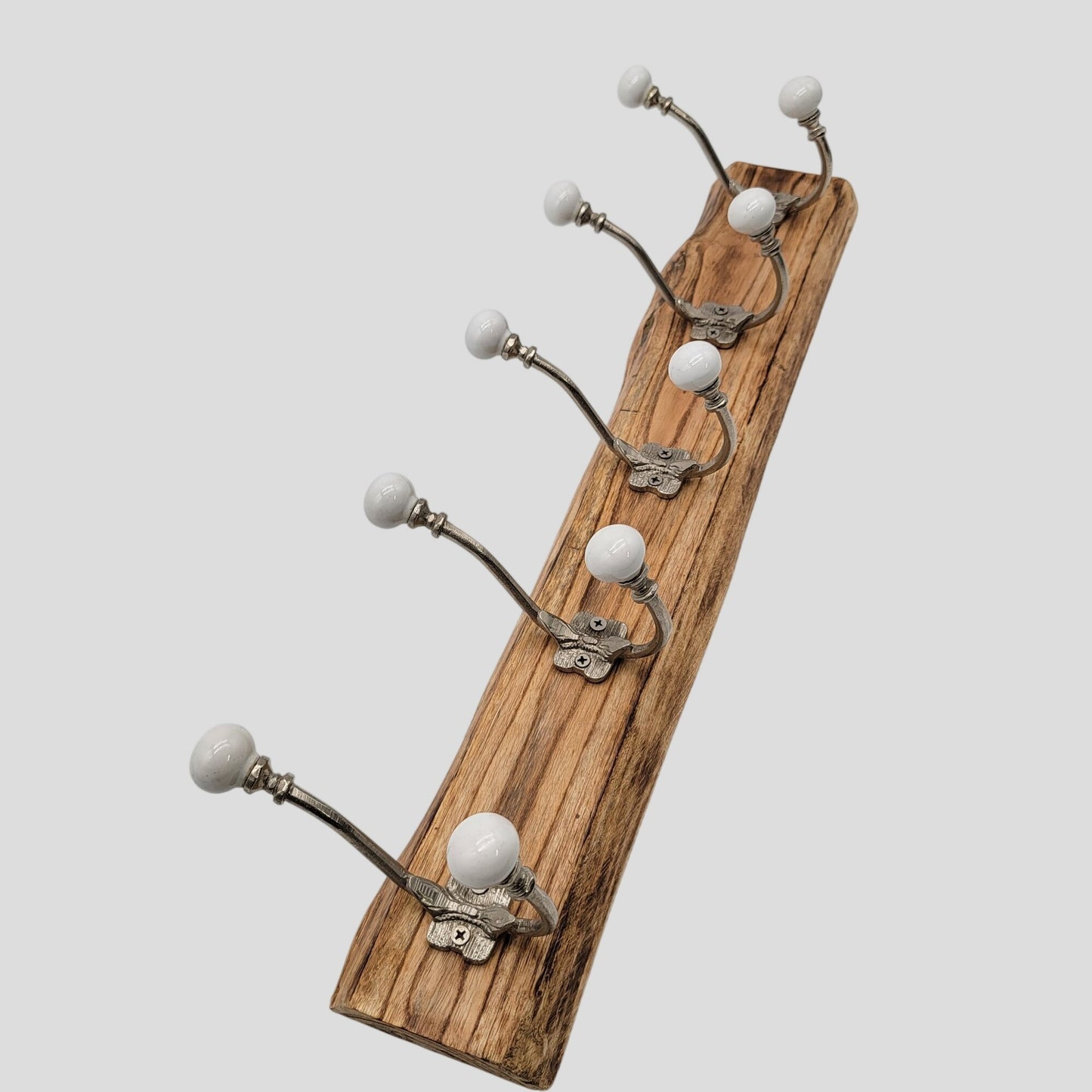 Solid Wood Coat Hat Rack Brass and White Ceramic Hooks