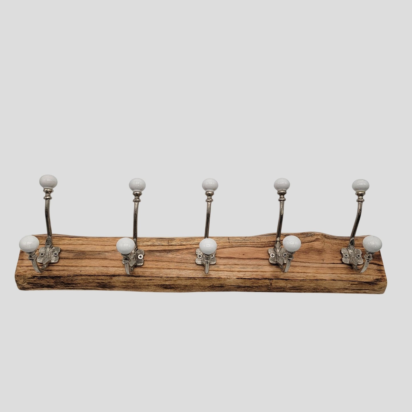 Solid Wood Coat Hat Rack Brass and White Ceramic Hooks
