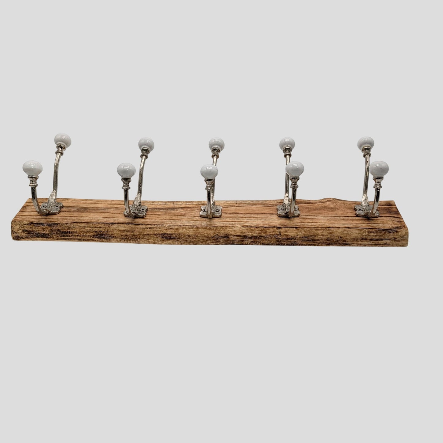Solid Wood Coat Hat Rack Brass and White Ceramic Hooks