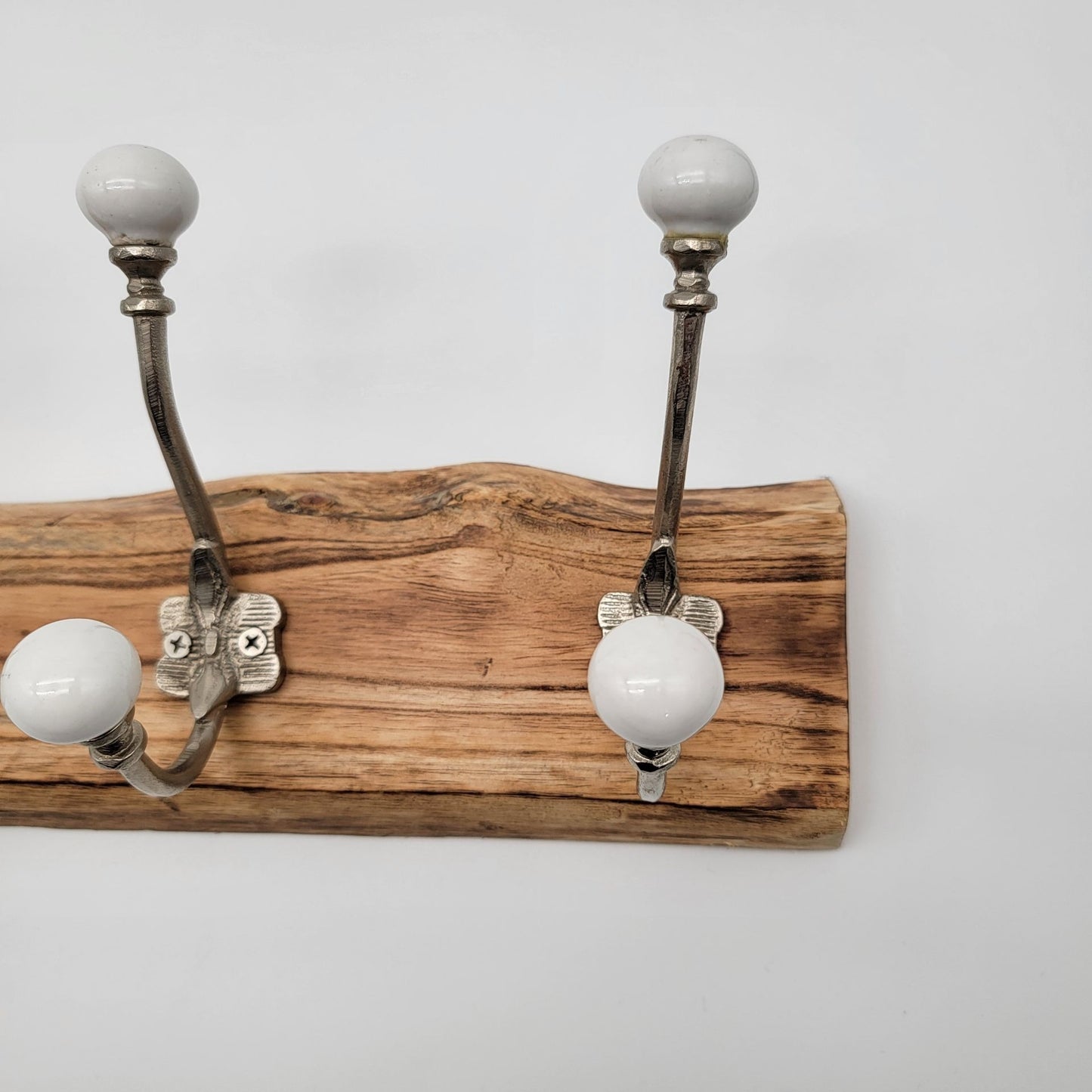 Solid Wood Coat Hat Rack Brass and White Ceramic Hooks
