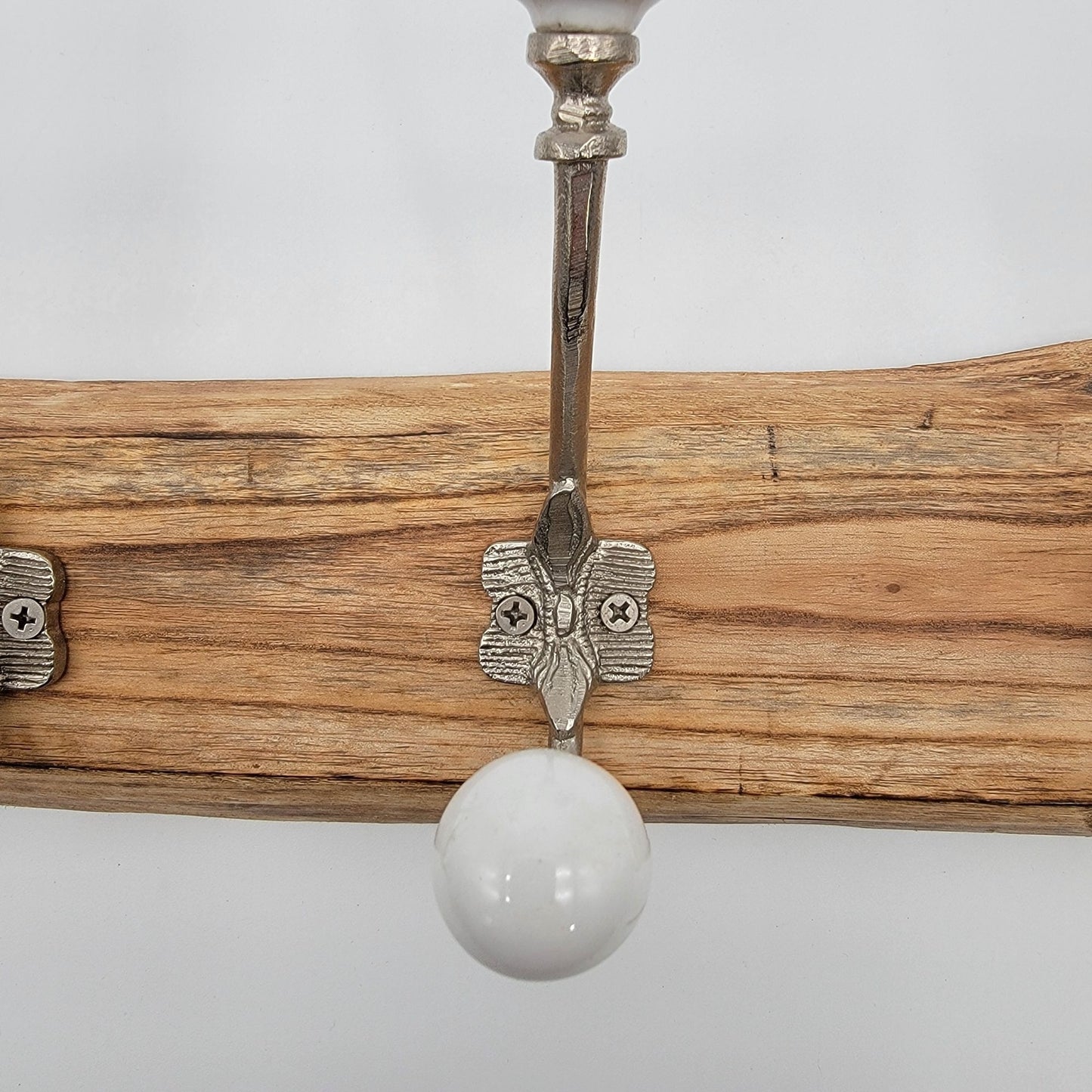 Solid Wood Coat Hat Rack Brass and White Ceramic Hooks