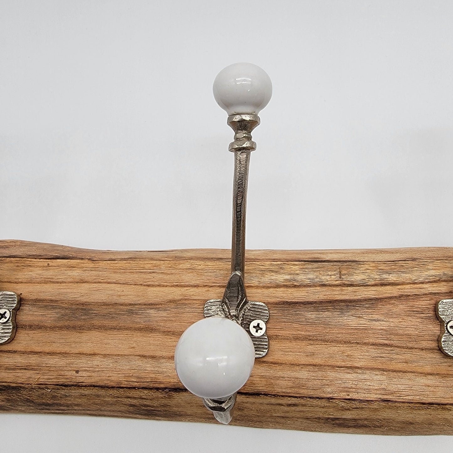 Solid Wood Coat Hat Rack Brass and White Ceramic Hooks
