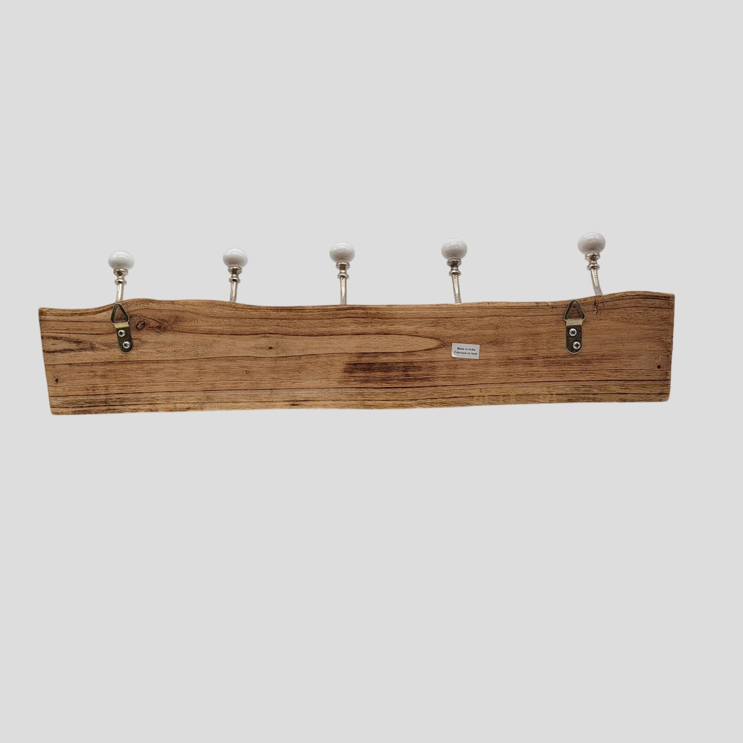 Solid Wood Coat Hat Rack Brass and White Ceramic Hooks