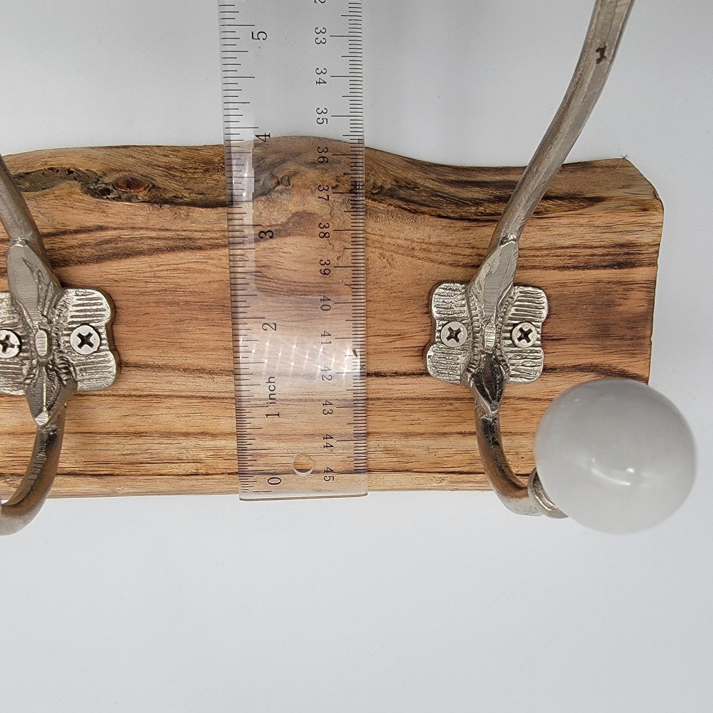 Solid Wood Coat Hat Rack Brass and White Ceramic Hooks