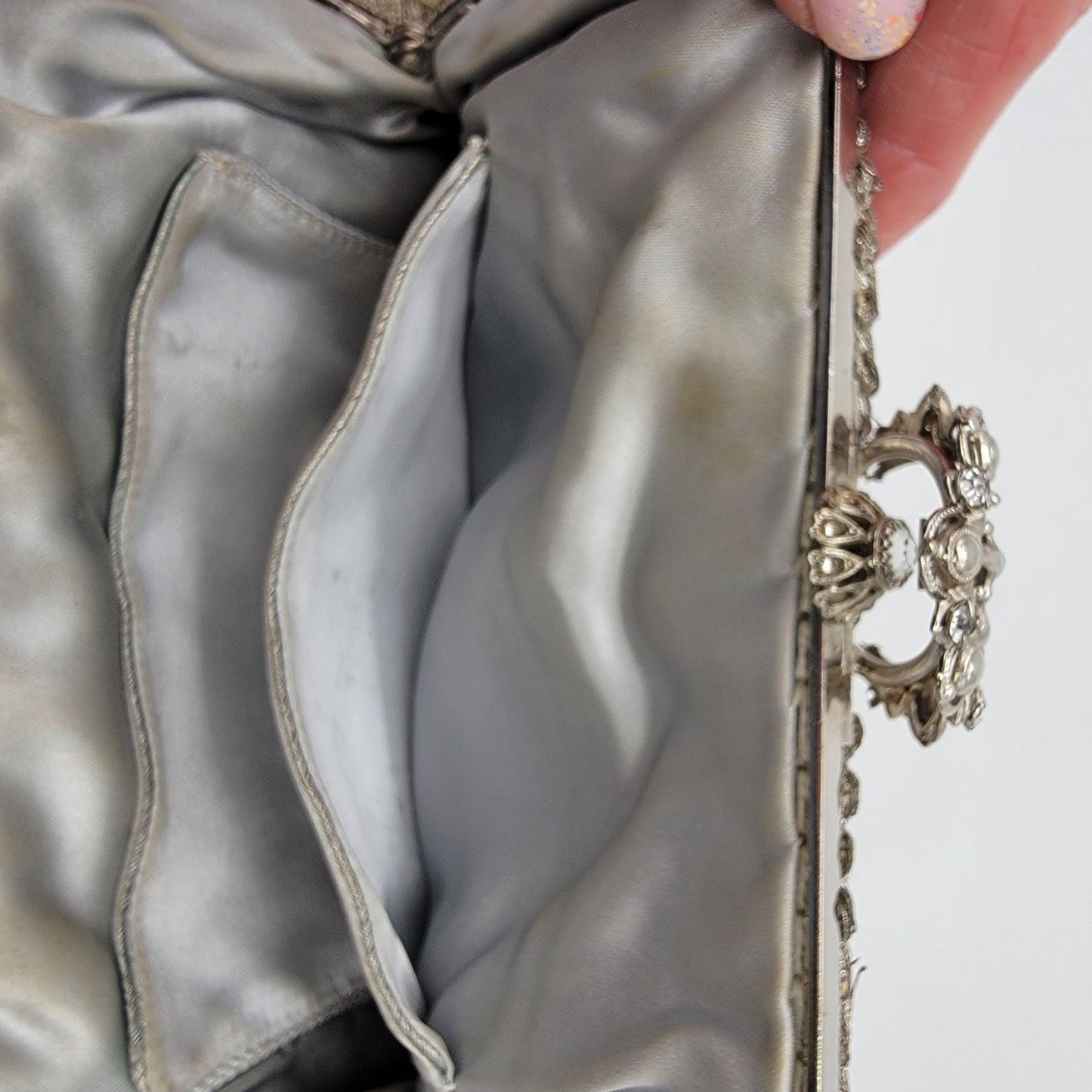 Art Deco Silver-Beaded Evening Bag Rhinestone Clasp