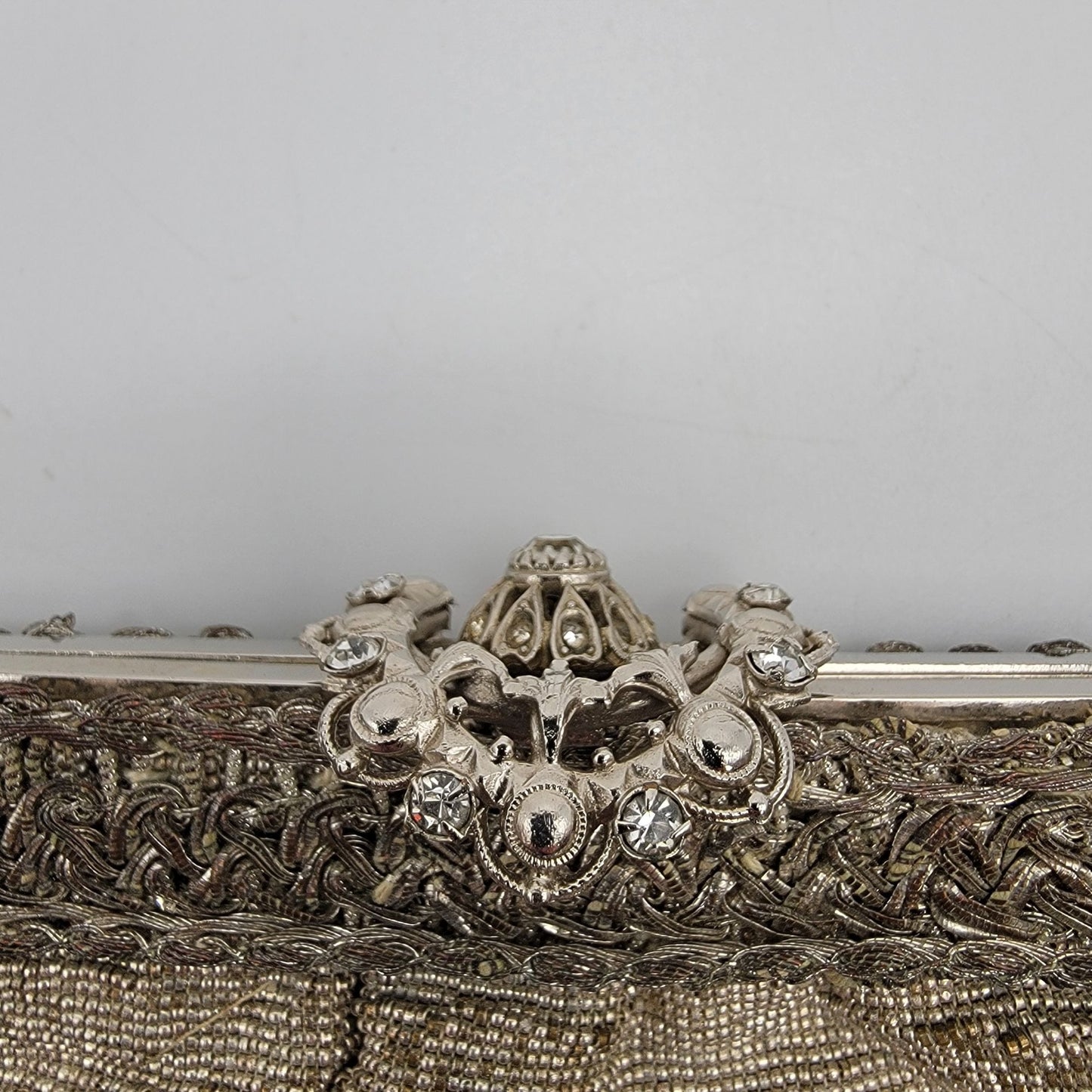 Art Deco Silver-Beaded Evening Bag Rhinestone Clasp
