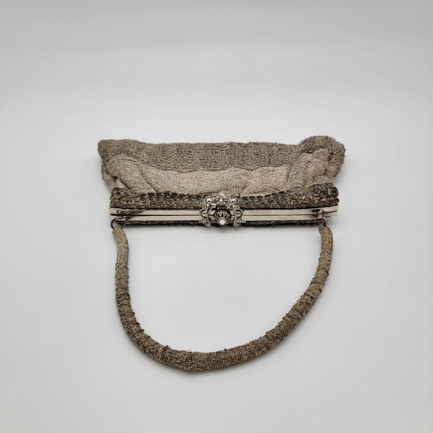 Art Deco Silver-Beaded Evening Bag Rhinestone Clasp