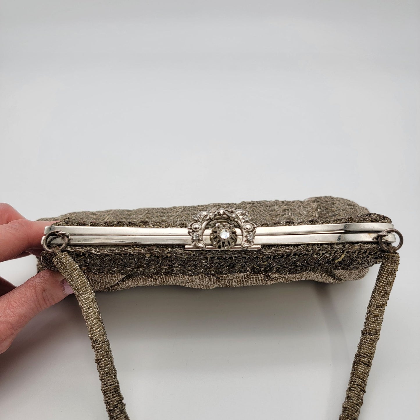Art Deco Silver-Beaded Evening Bag Rhinestone Clasp