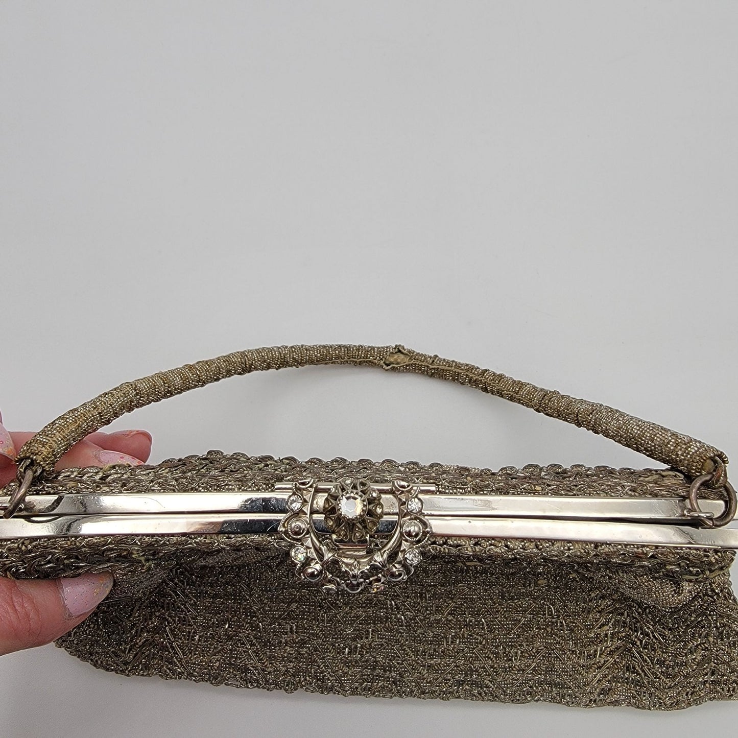 Art Deco Silver-Beaded Evening Bag Rhinestone Clasp