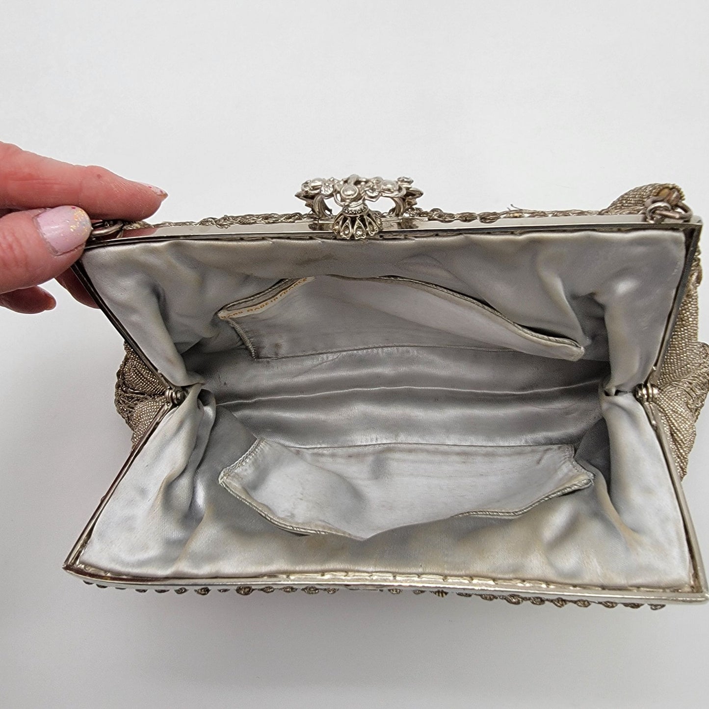 Art Deco Silver-Beaded Evening Bag Rhinestone Clasp