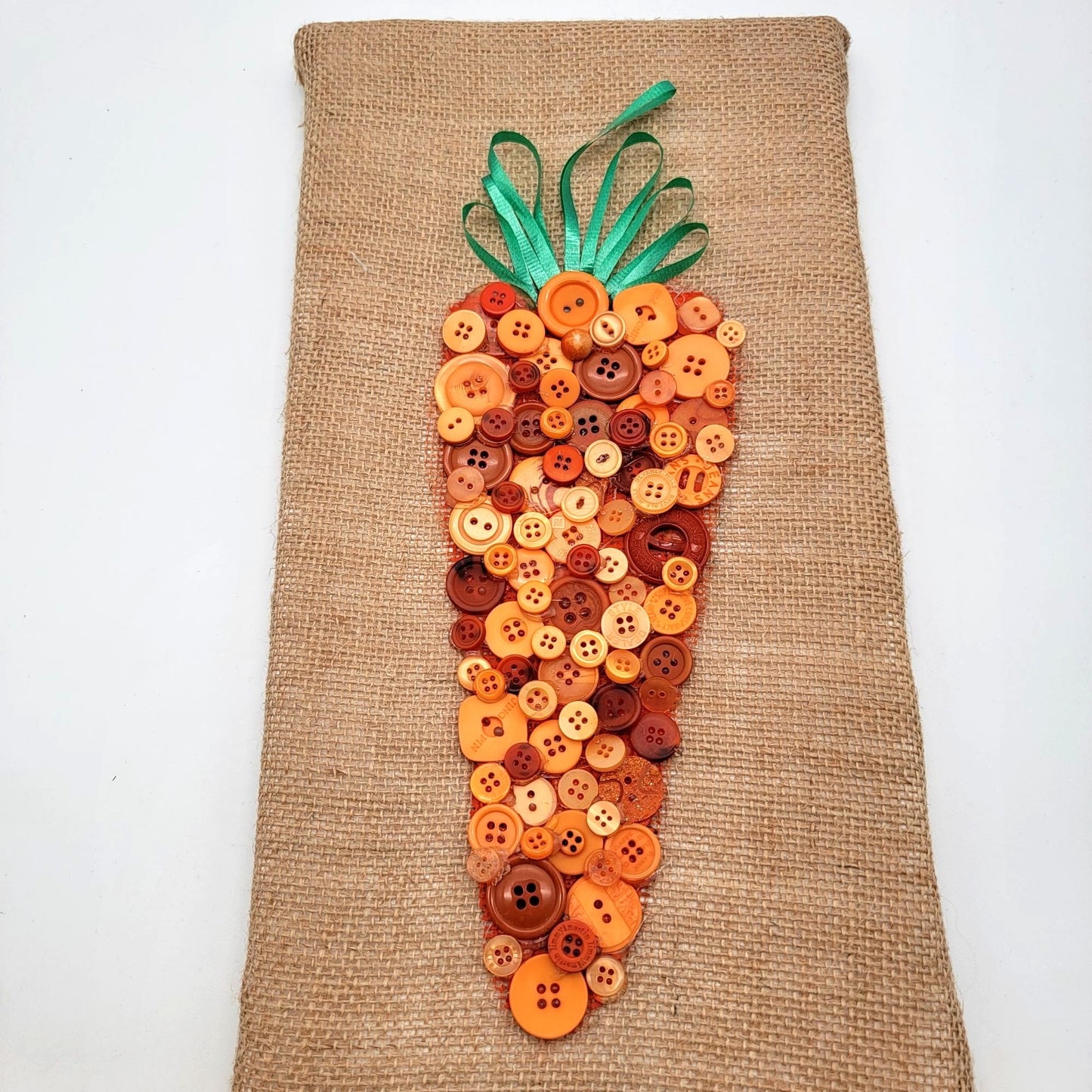 Hand-made Button Carrot Art On Burlap Canvas