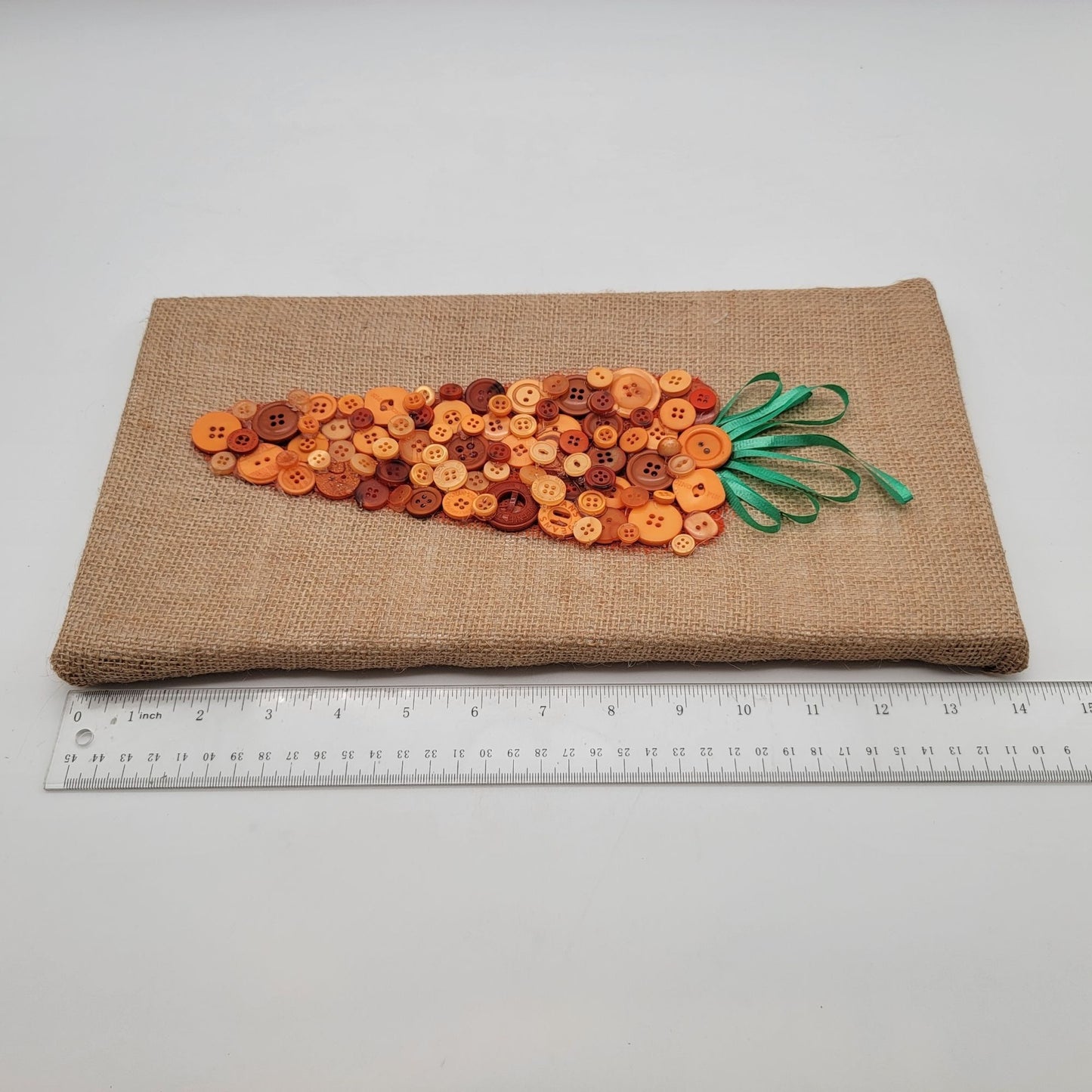 Hand-made Button Carrot Art On Burlap Canvas