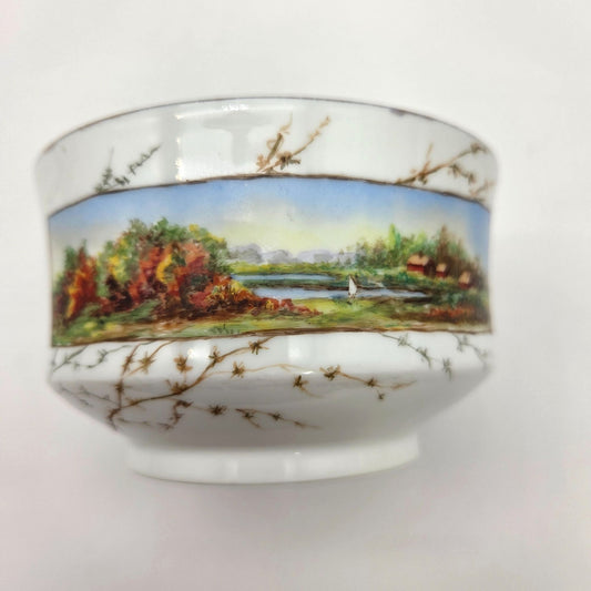 Vintage Hand Painted Porcelain Bowl Cabin Scene & Birds In Flight