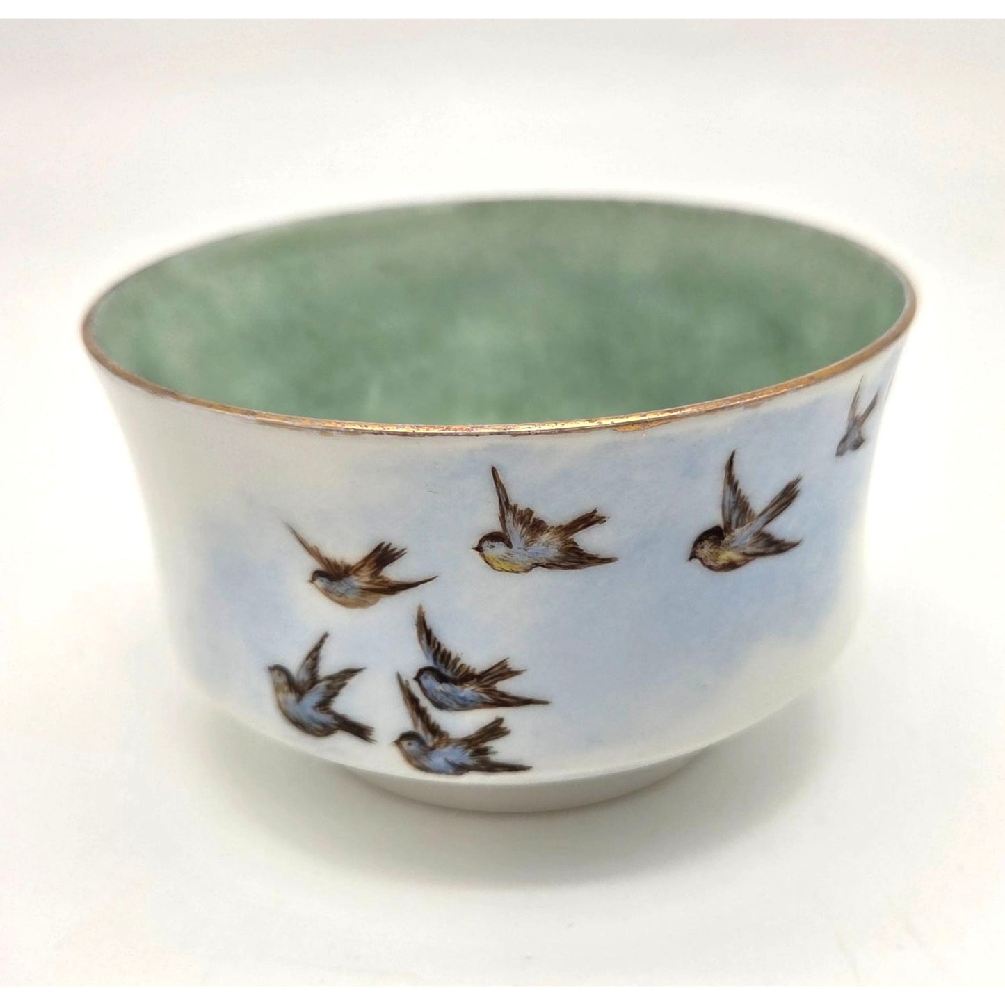 Vintage Hand Painted Porcelain Bowl Cabin Scene & Birds In Flight