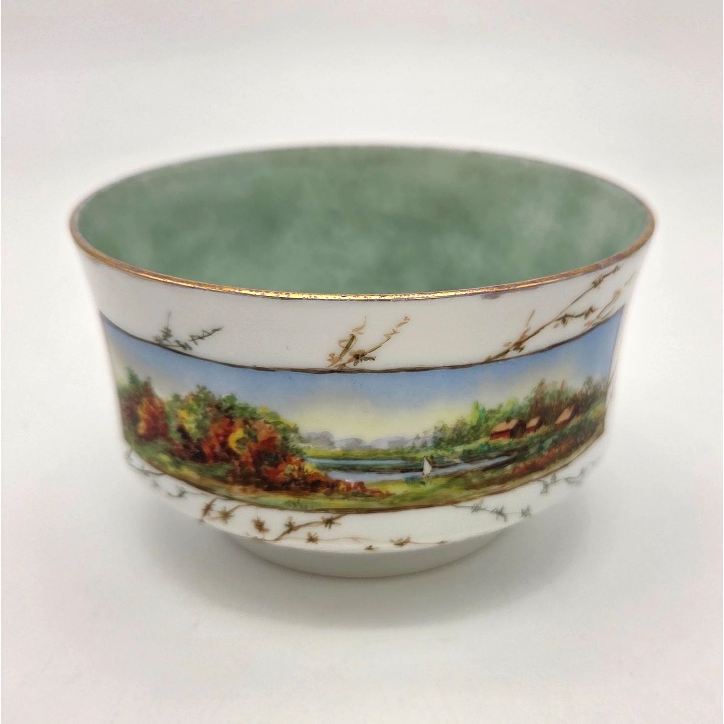 Vintage Hand Painted Porcelain Bowl Cabin Scene & Birds In Flight