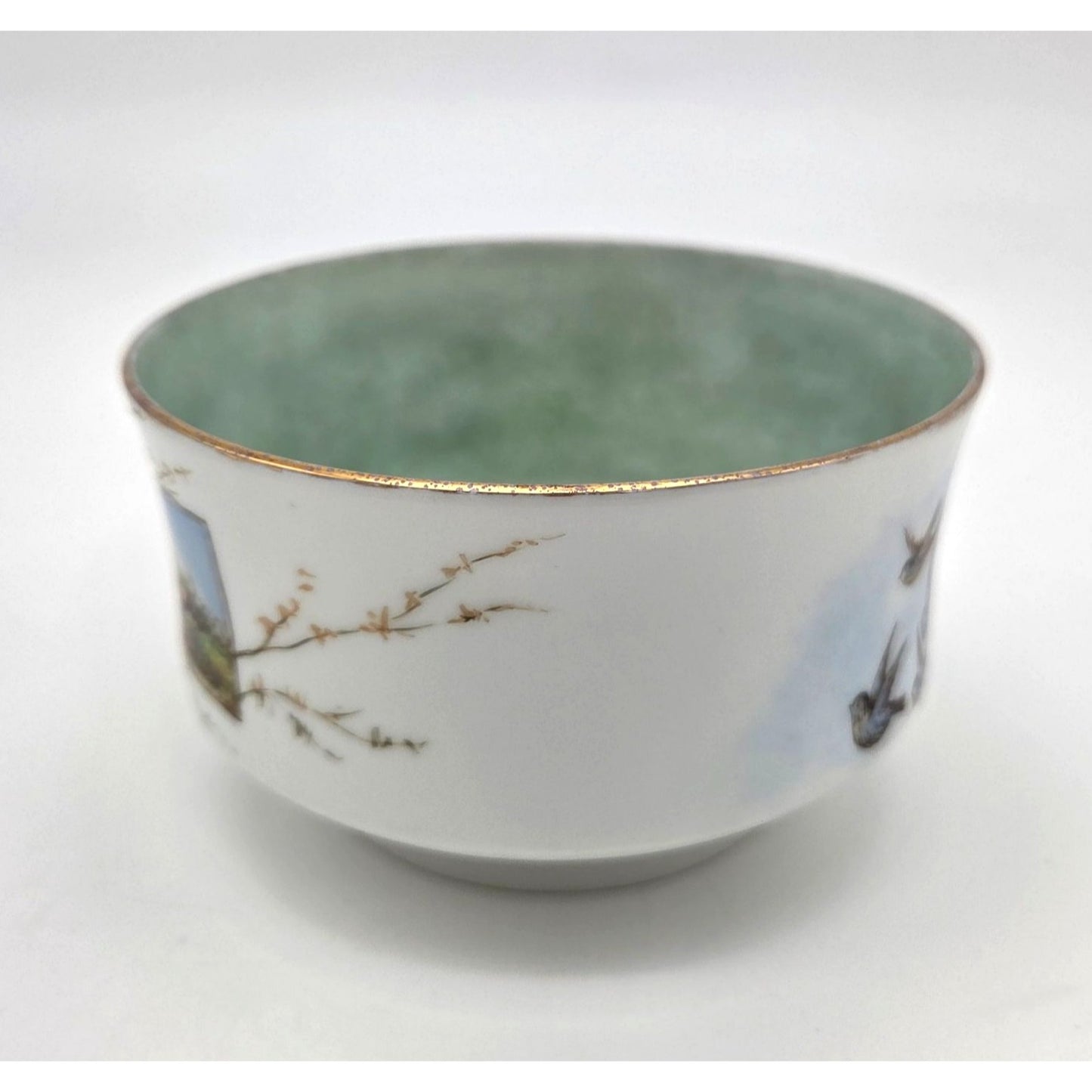 Vintage Hand Painted Porcelain Bowl Cabin Scene & Birds In Flight