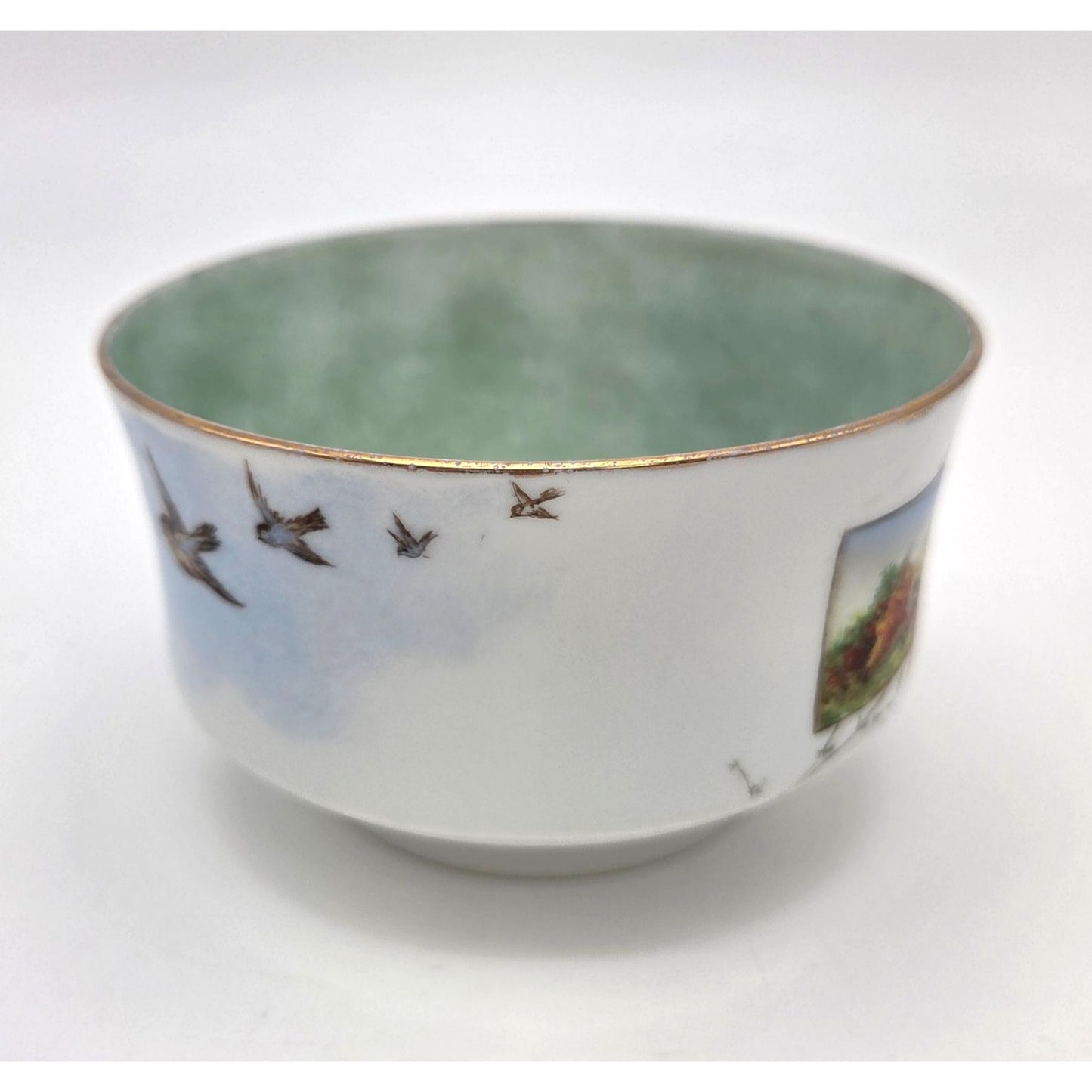 Vintage Hand Painted Porcelain Bowl Cabin Scene & Birds In Flight