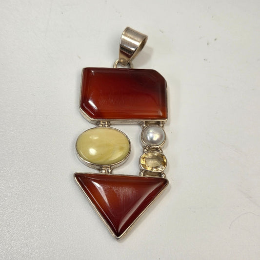 Artisan Multi-Gemstone Pendant With Carnelian Serpentine Citrine & Coin Pearl