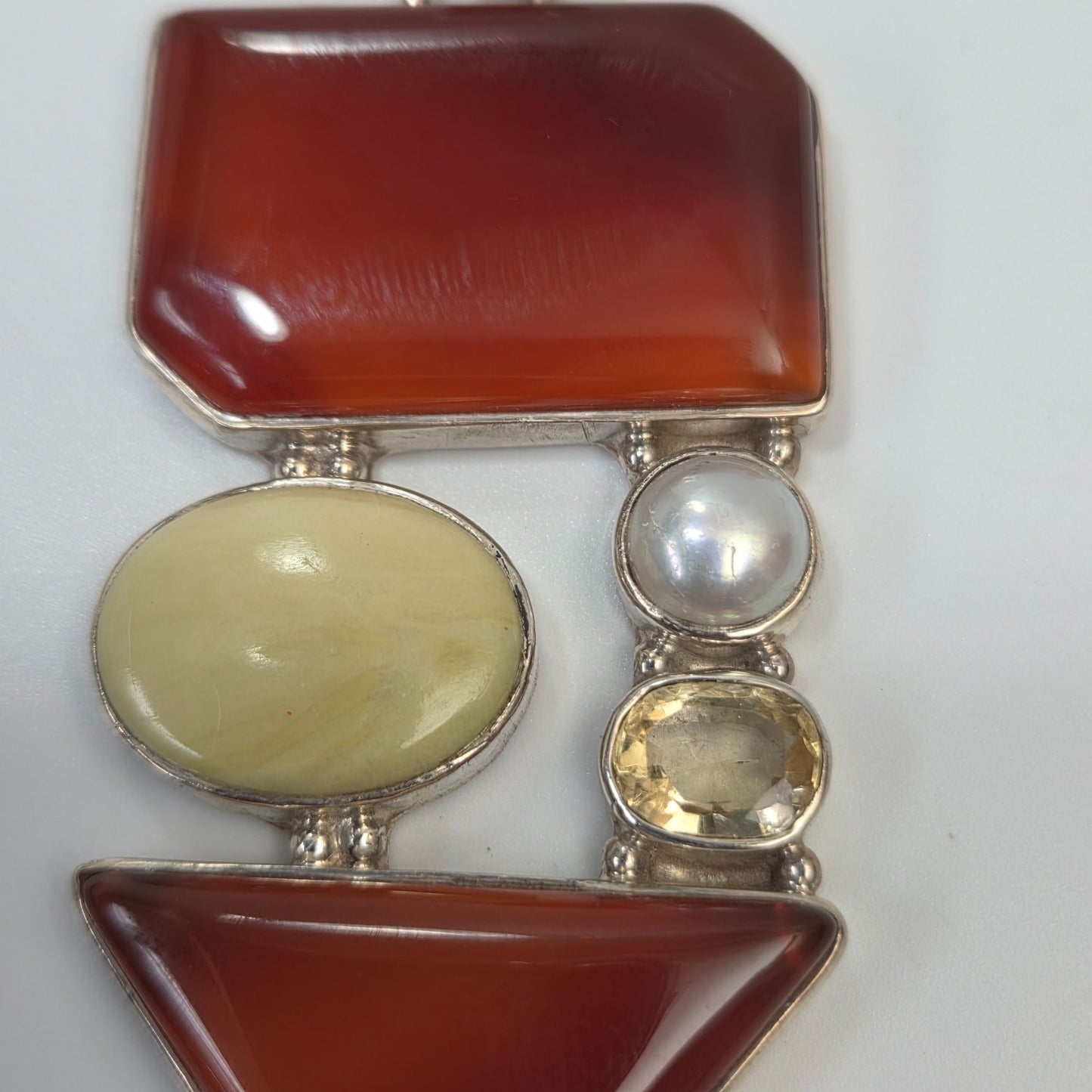 Artisan Multi-Gemstone Pendant With Carnelian Serpentine Citrine & Coin Pearl
