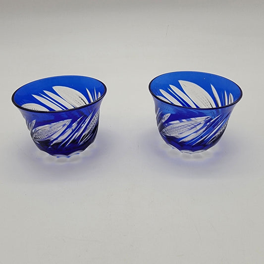 Pair Of Vintage Edo Kiriko Cobalt Blue Cut To Clear Crystal Cup Saki Glasses