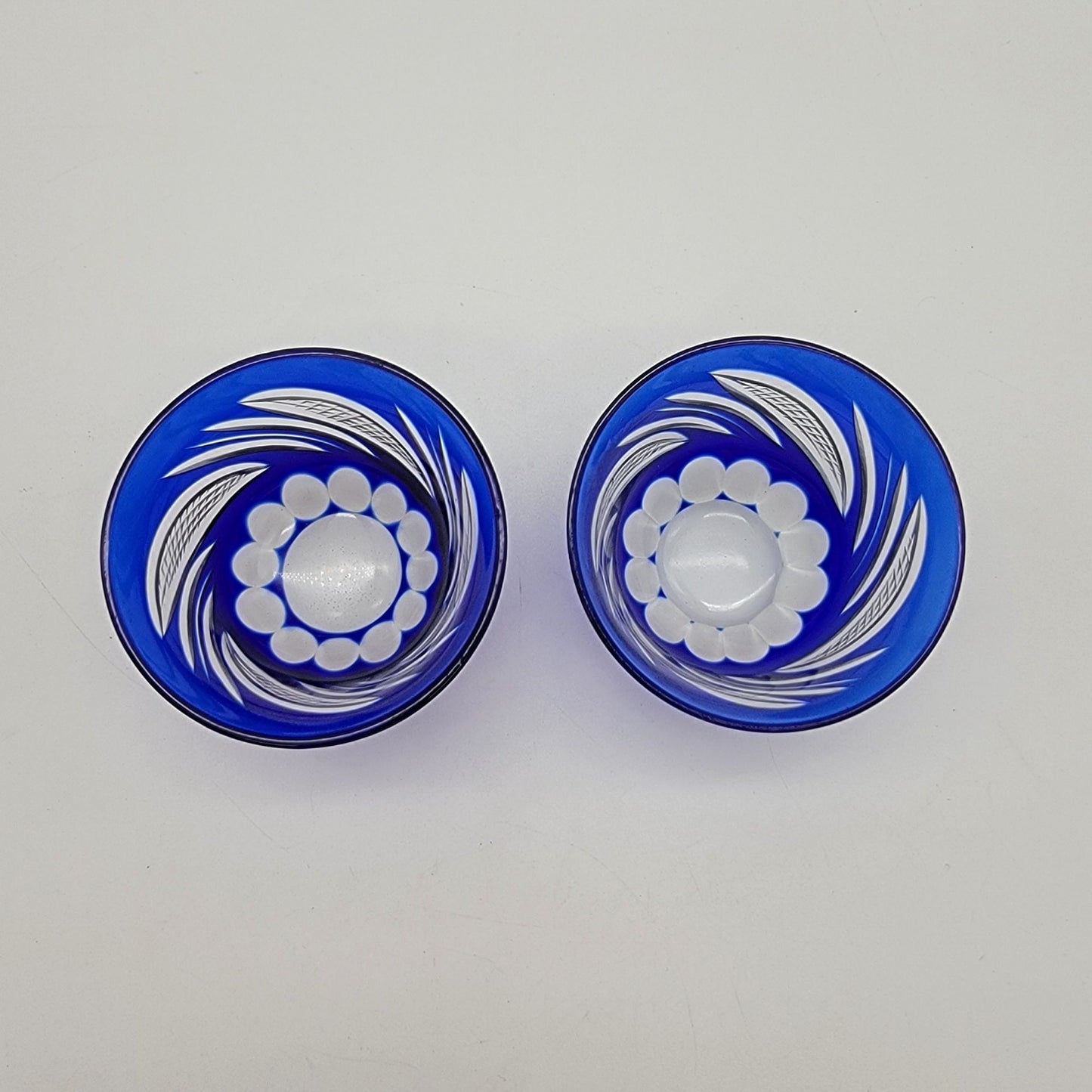 Pair Of Vintage Edo Kiriko Cobalt Blue Cut To Clear Crystal Cup Saki Glasses