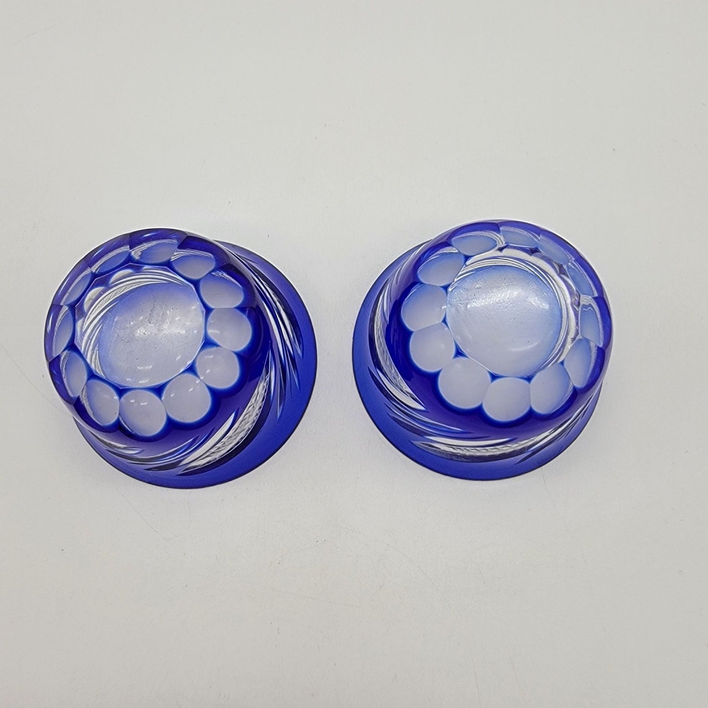 Pair Of Vintage Edo Kiriko Cobalt Blue Cut To Clear Crystal Cup Saki Glasses