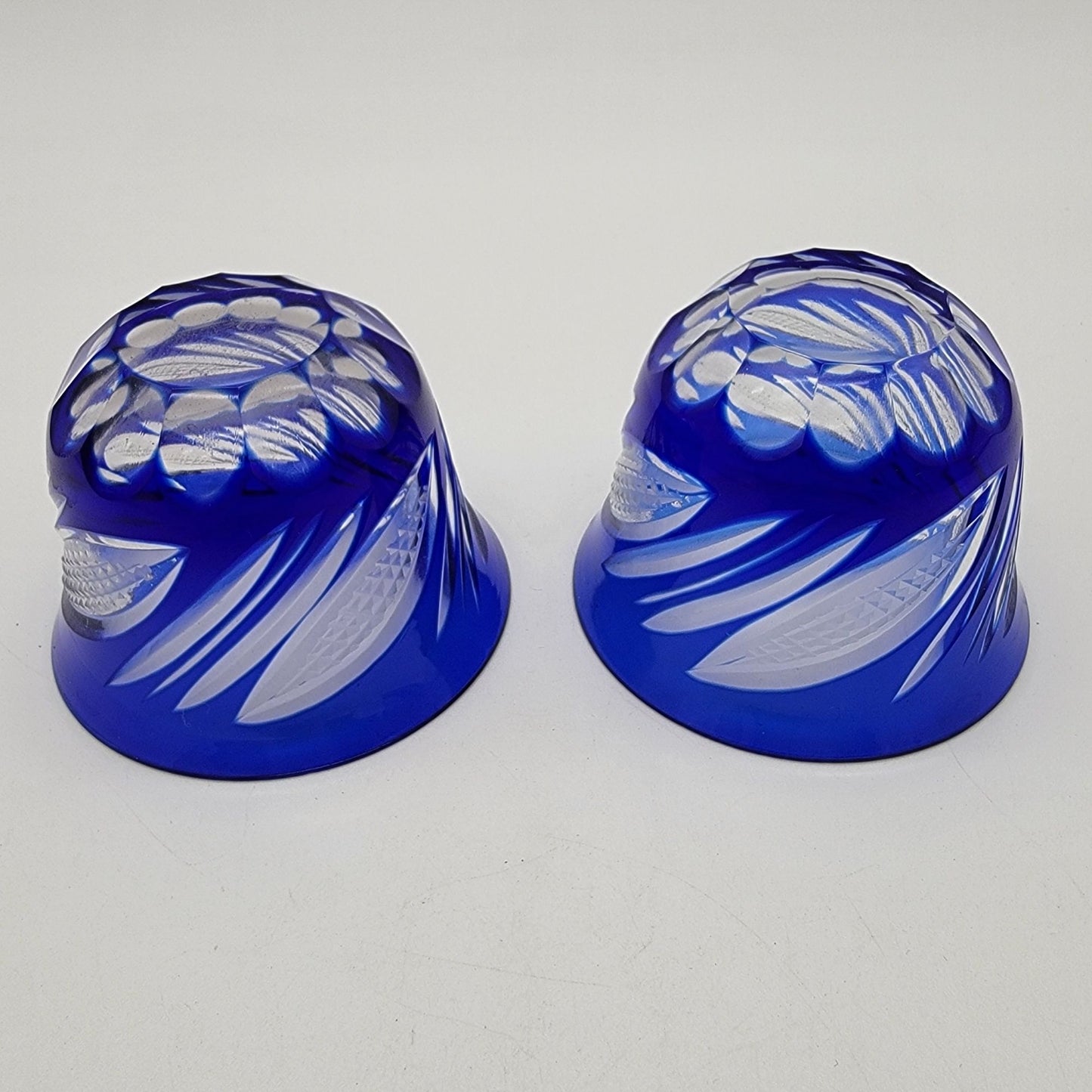Pair Of Vintage Edo Kiriko Cobalt Blue Cut To Clear Crystal Cup Saki Glasses