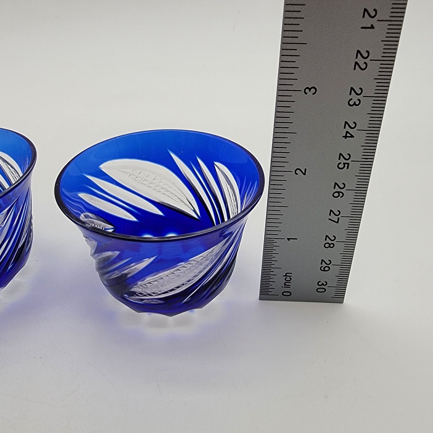 Pair Of Vintage Edo Kiriko Cobalt Blue Cut To Clear Crystal Cup Saki Glasses
