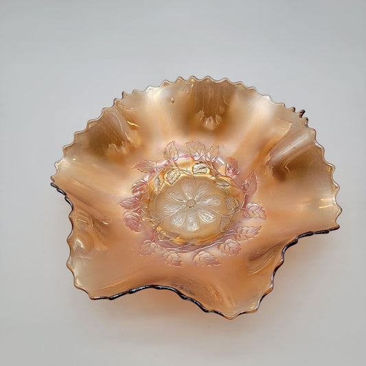 Antique Dugan Carnival Glass Cosmos Variant Ruffled Bowl Marigold