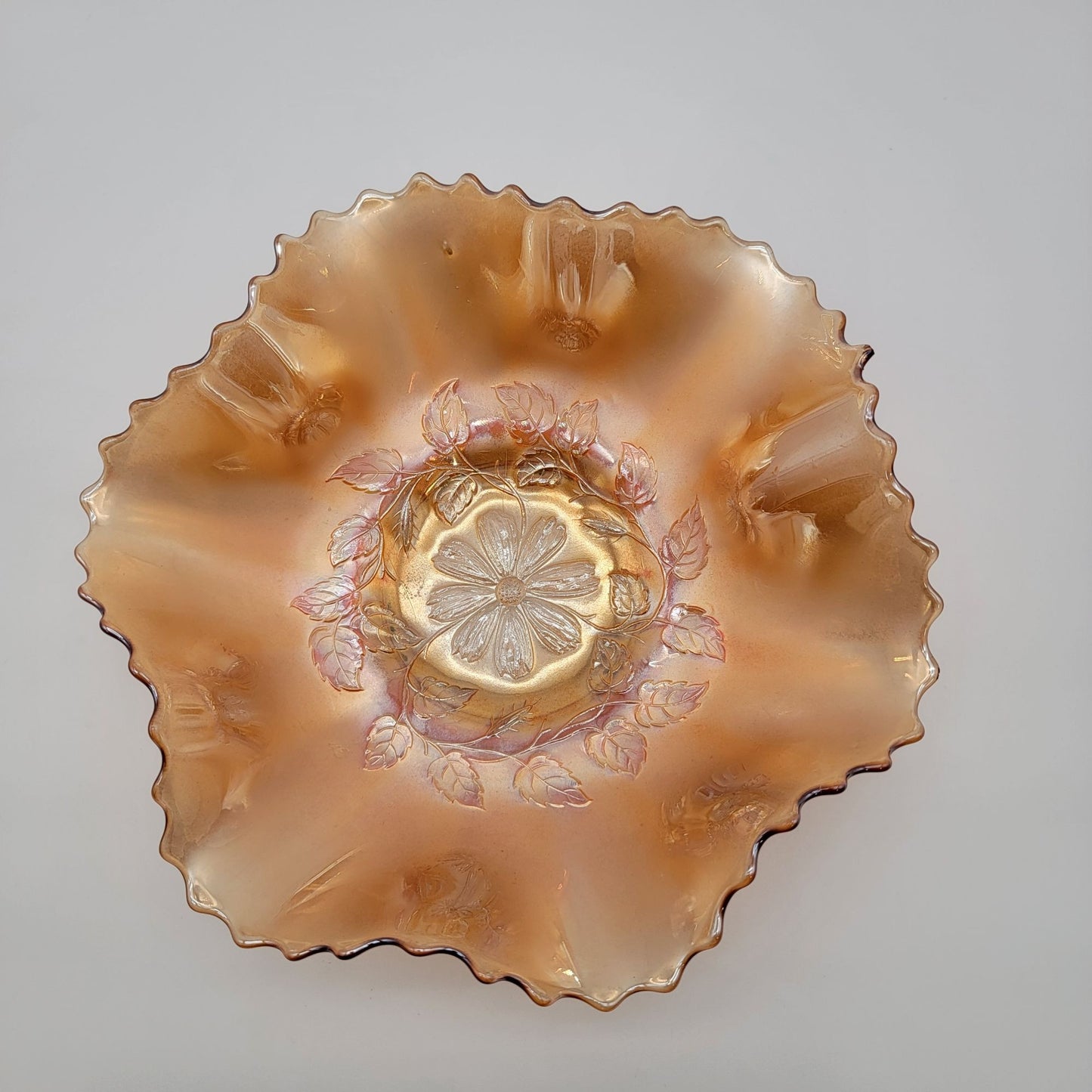 Antique Dugan Carnival Glass Cosmos Variant Ruffled Bowl Marigold