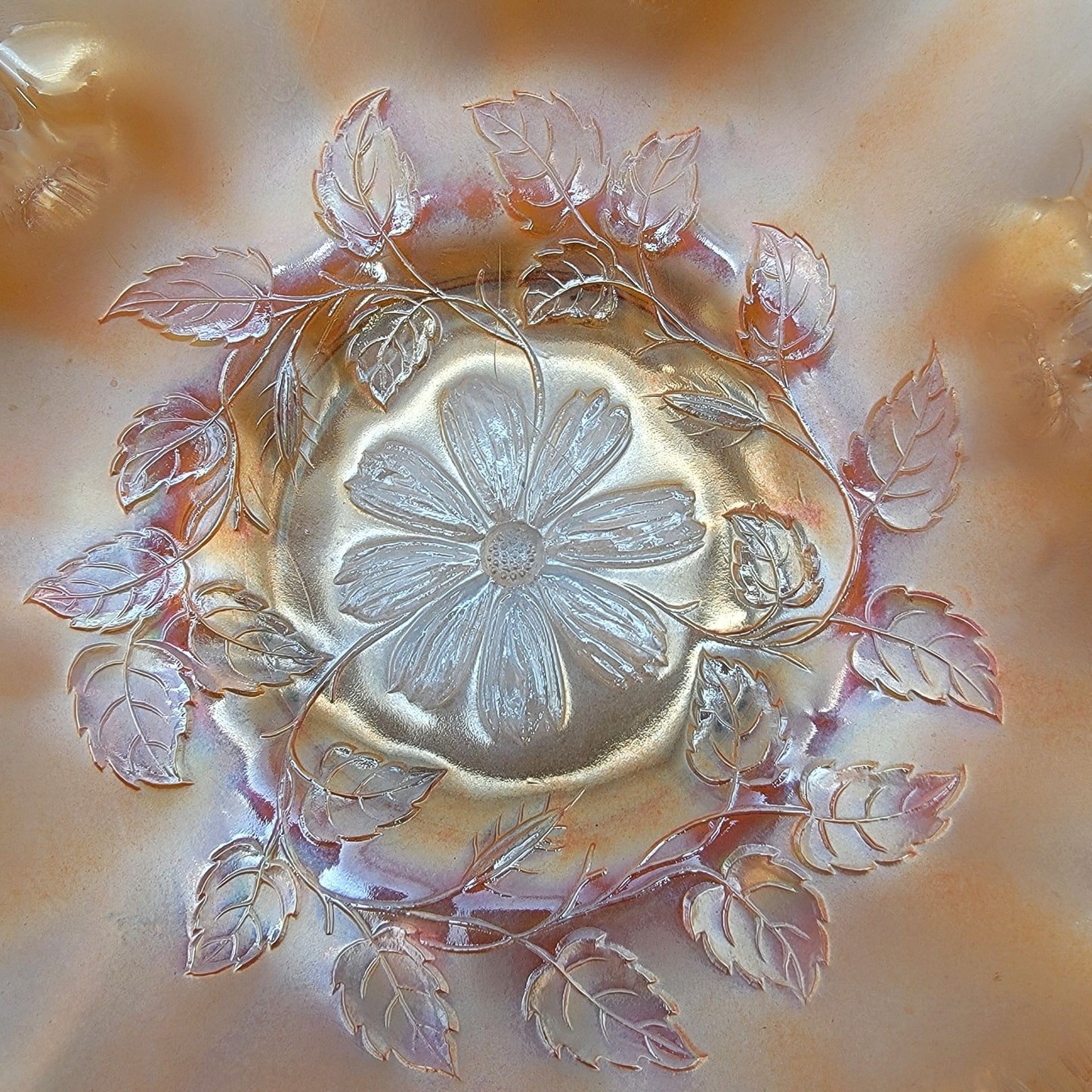 Antique Dugan Carnival Glass Cosmos Variant Ruffled Bowl Marigold